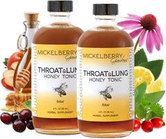 Mickelberry Gardens Throat & Lung Honey Tonic bottle for soothing throat comfort.