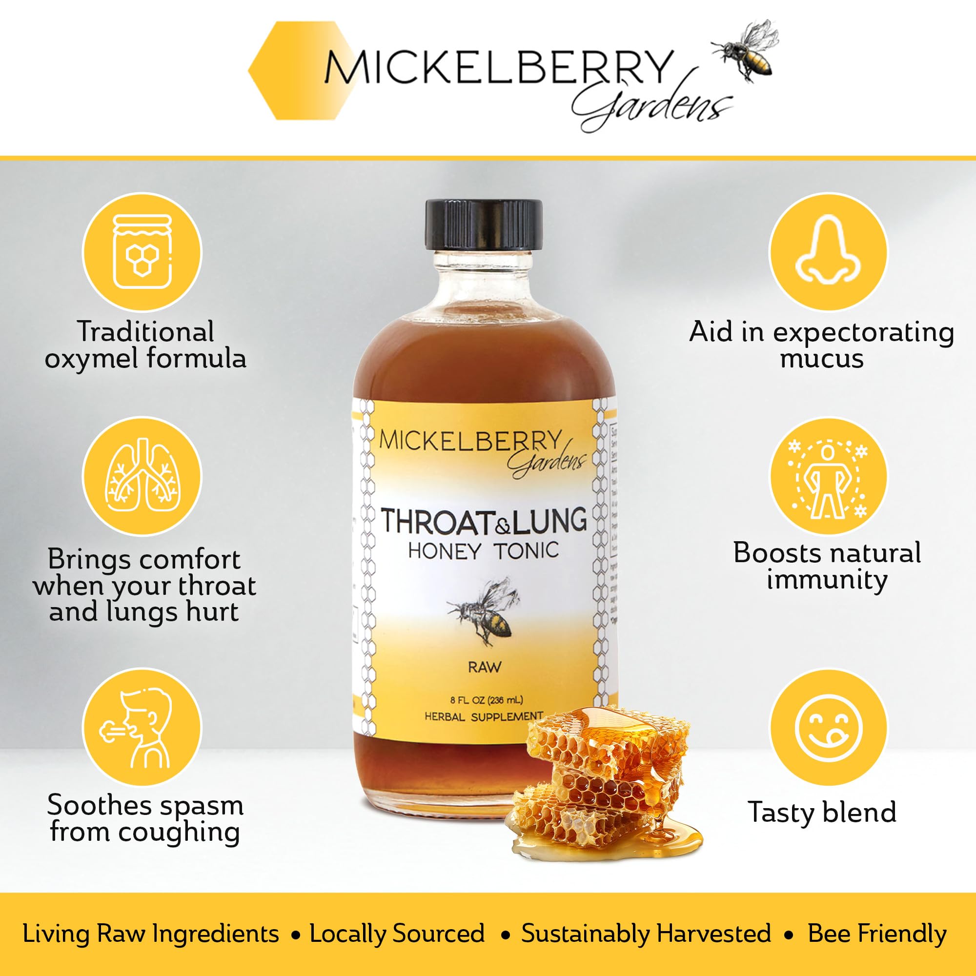 Mickelberry Gardens Throat & Lung Honey Tonic label highlighting organic herbs and honey blend.