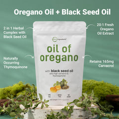 Micro Ingredients 2-in-1 formula bottle highlighting oregano oil and black seed oils.