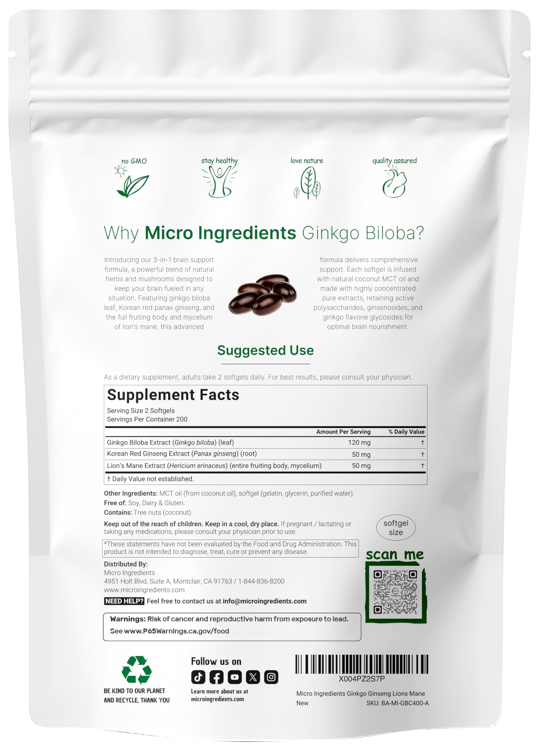 Micro Ingredients 3-in-1 brain-support softgels capsules closeup for quick absorption.