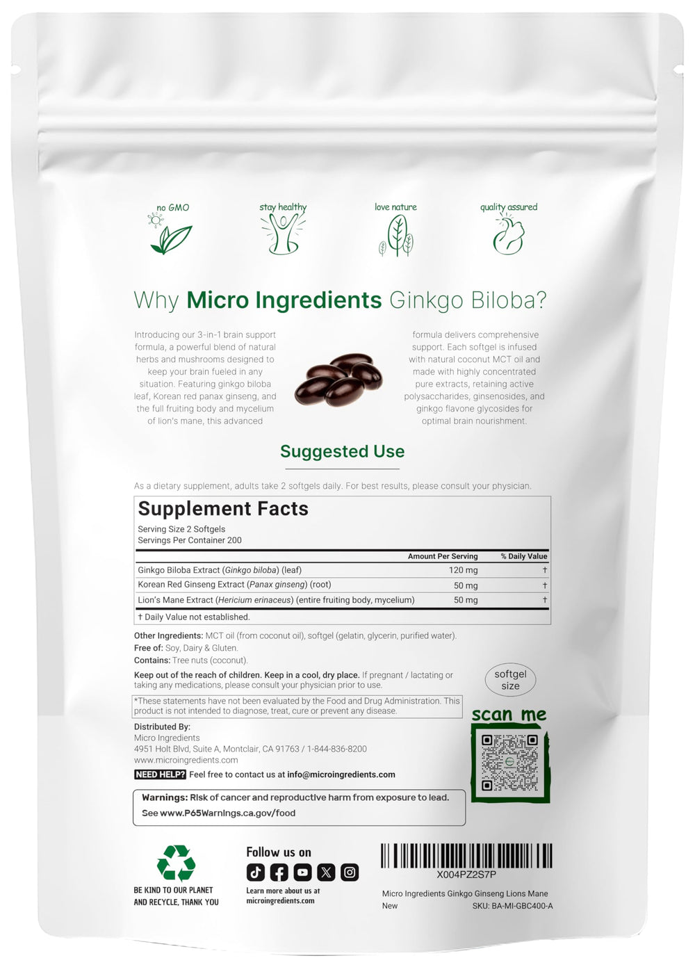 Micro Ingredients 3-in-1 brain-support softgels capsules closeup for quick absorption.