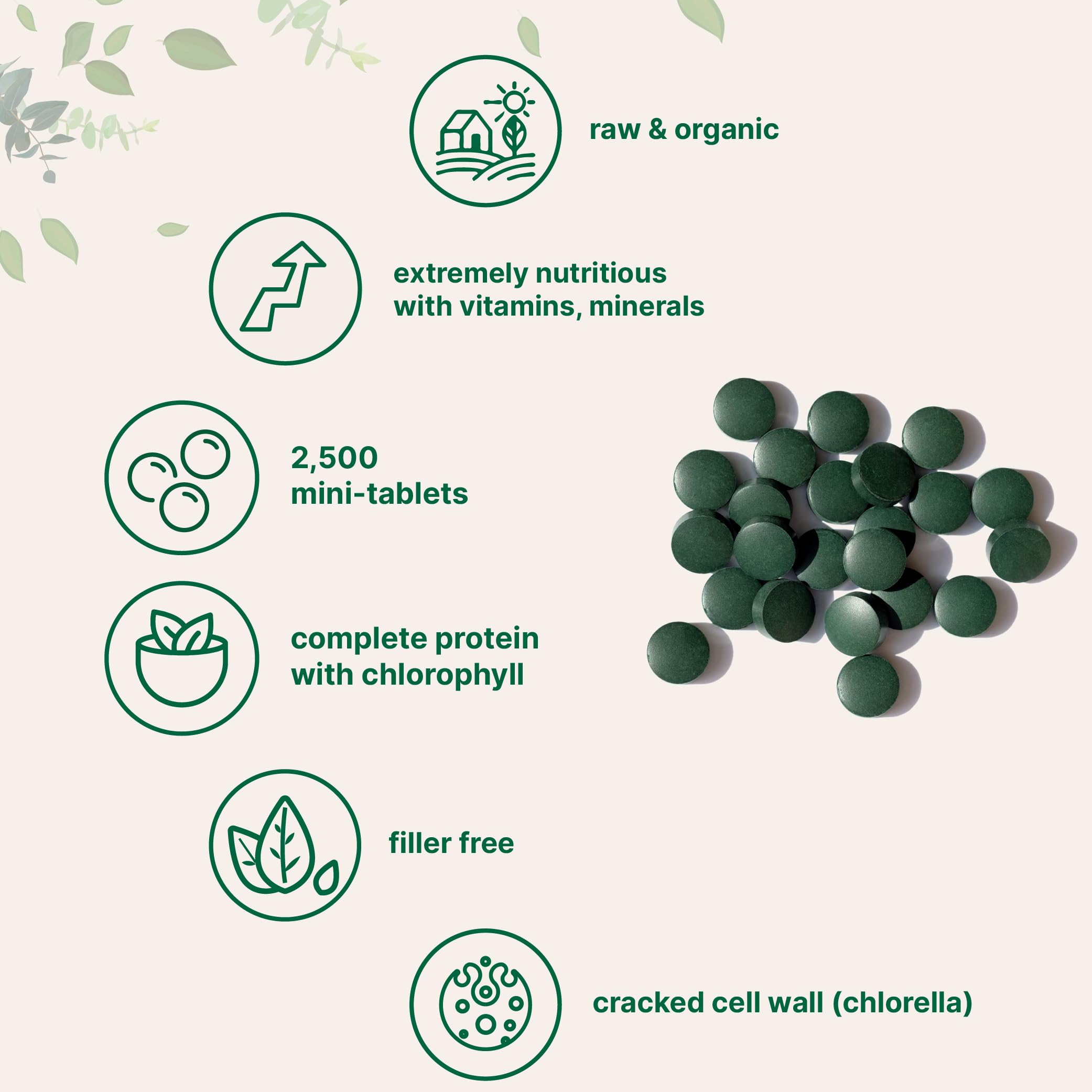 50/50 spirulina and chlorella blend mini tablets for vegan nutrition