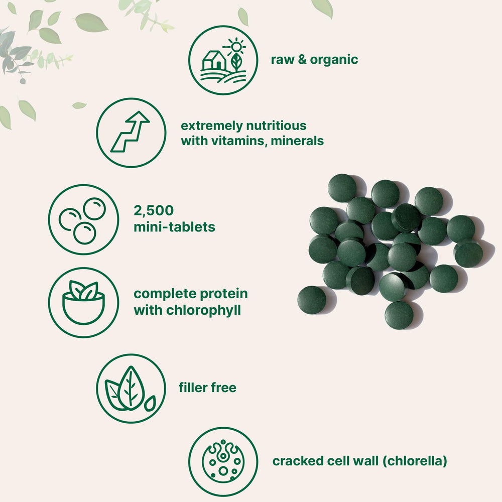 50/50 spirulina and chlorella blend mini tablets for vegan nutrition