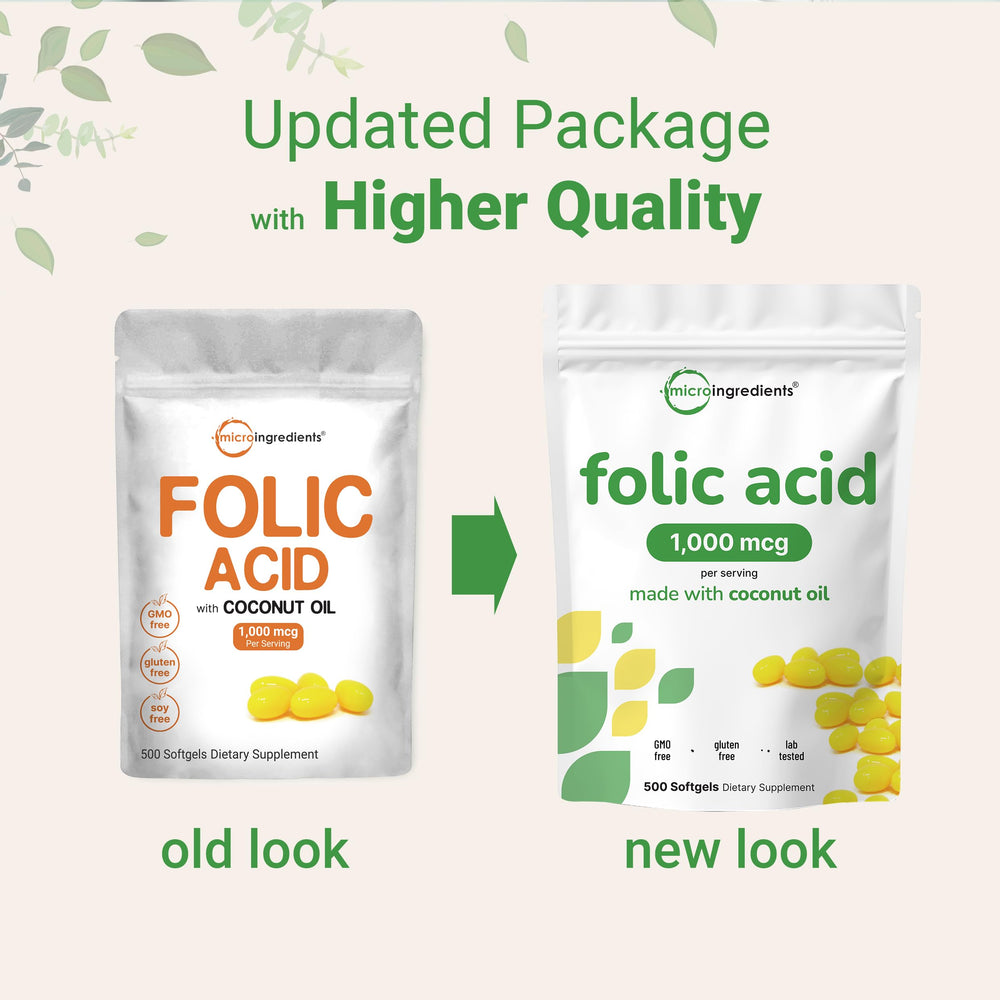 500-count pouch of Micro Ingredients folic acid softgels
