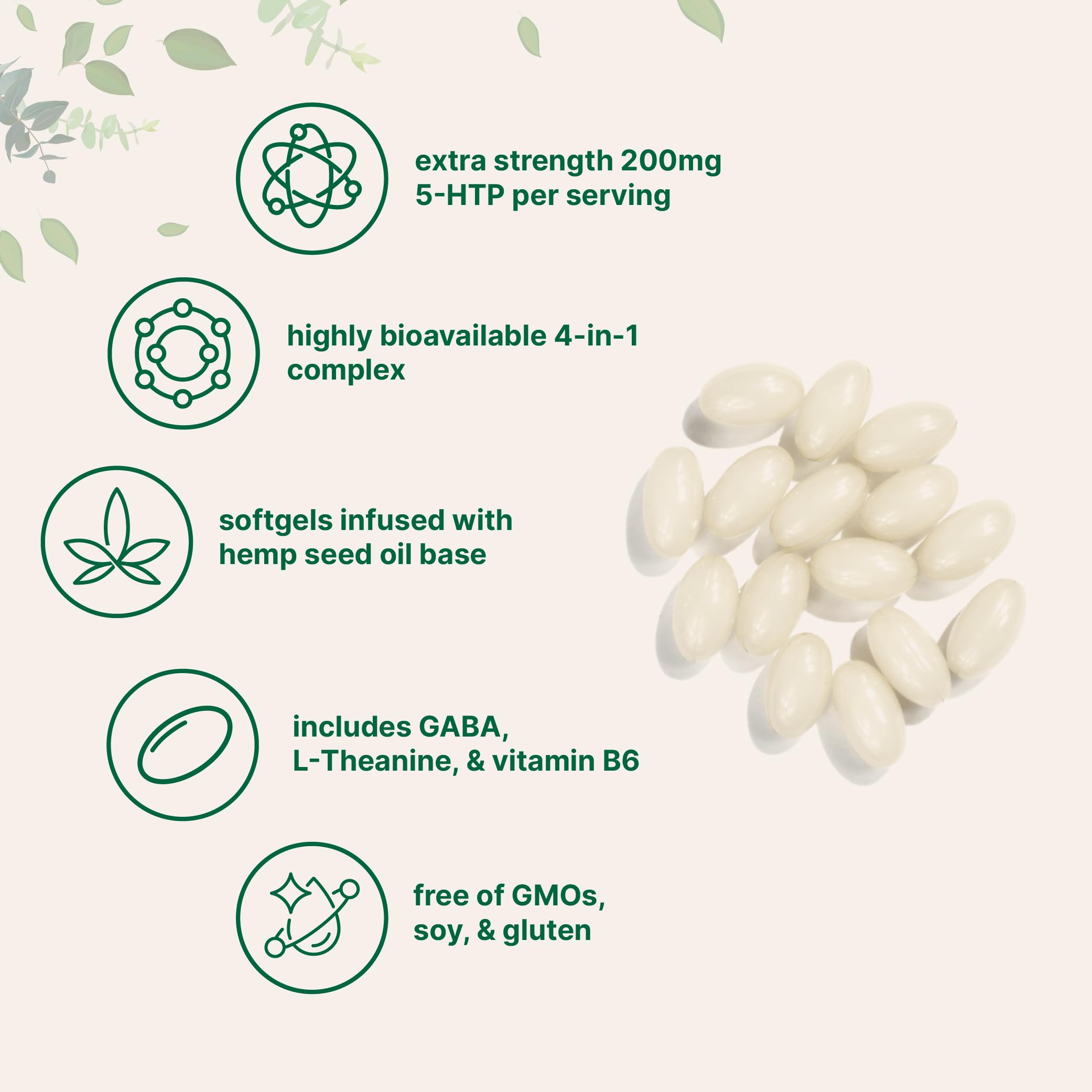 Micro Ingredients 5-HTP+ softgels capsules close-up shows premium vegan formula
