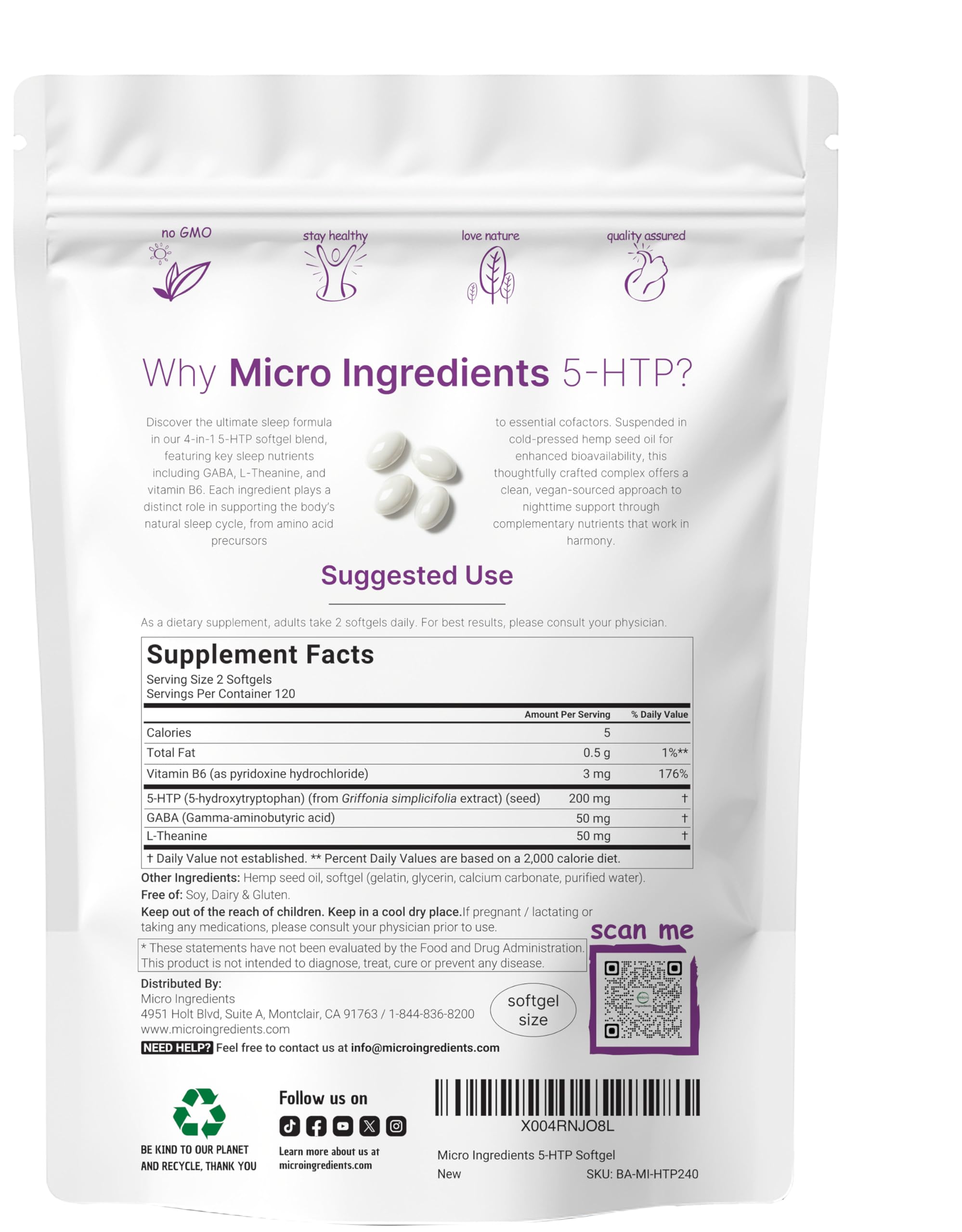 Micro Ingredients 5-HTP+ softgels label detail highlights hemp oil base for absorption