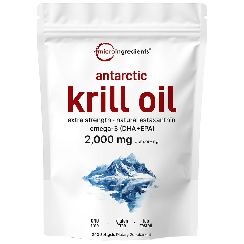 Micro Ingredients Antarctic Krill Oil softgels in bottle, supports omega-3 intake with easy absorption.