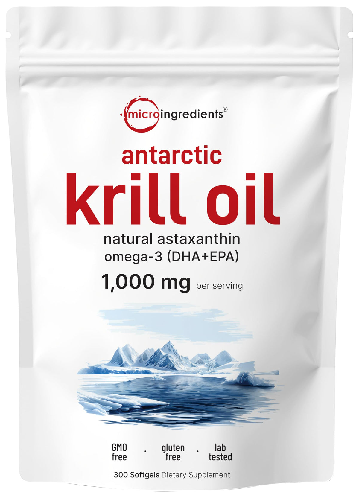 Micro Ingredients Antarctic Krill Oil bottle close-up, omega-3 rich formula with brain and heart support.