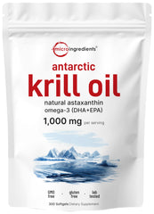 Micro Ingredients Antarctic Krill Oil bottle close-up, omega-3 rich formula with brain and heart support.