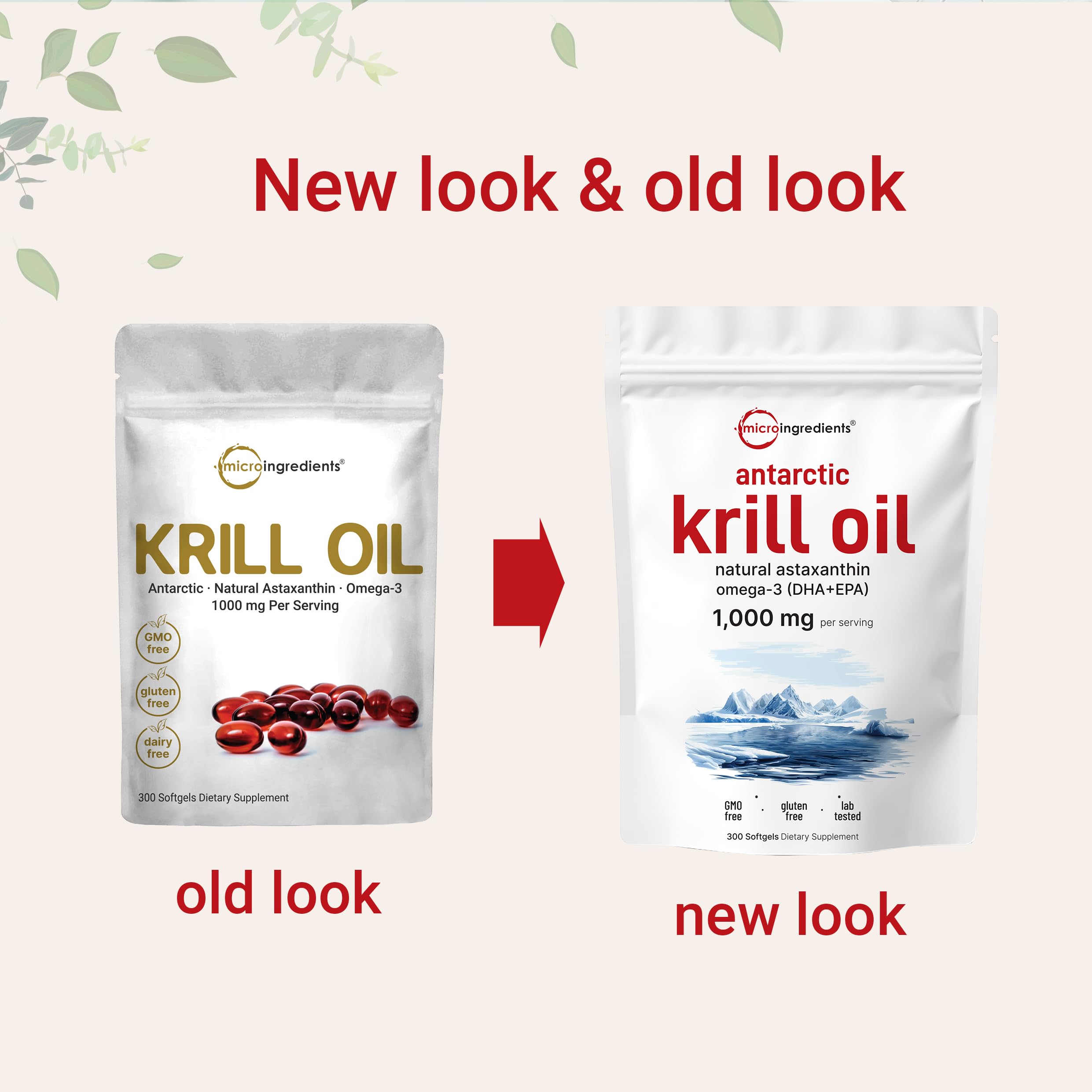 Micro Ingredients Antarctic Krill Oil label close-up, notes no GMOs or soy.