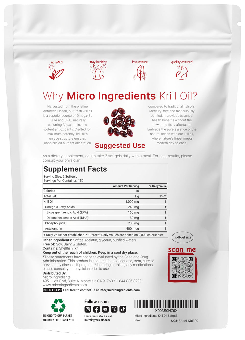 Micro Ingredients Antarctic Krill Oil softgels seen in a bottle, easy-to-swallow daily wellness.