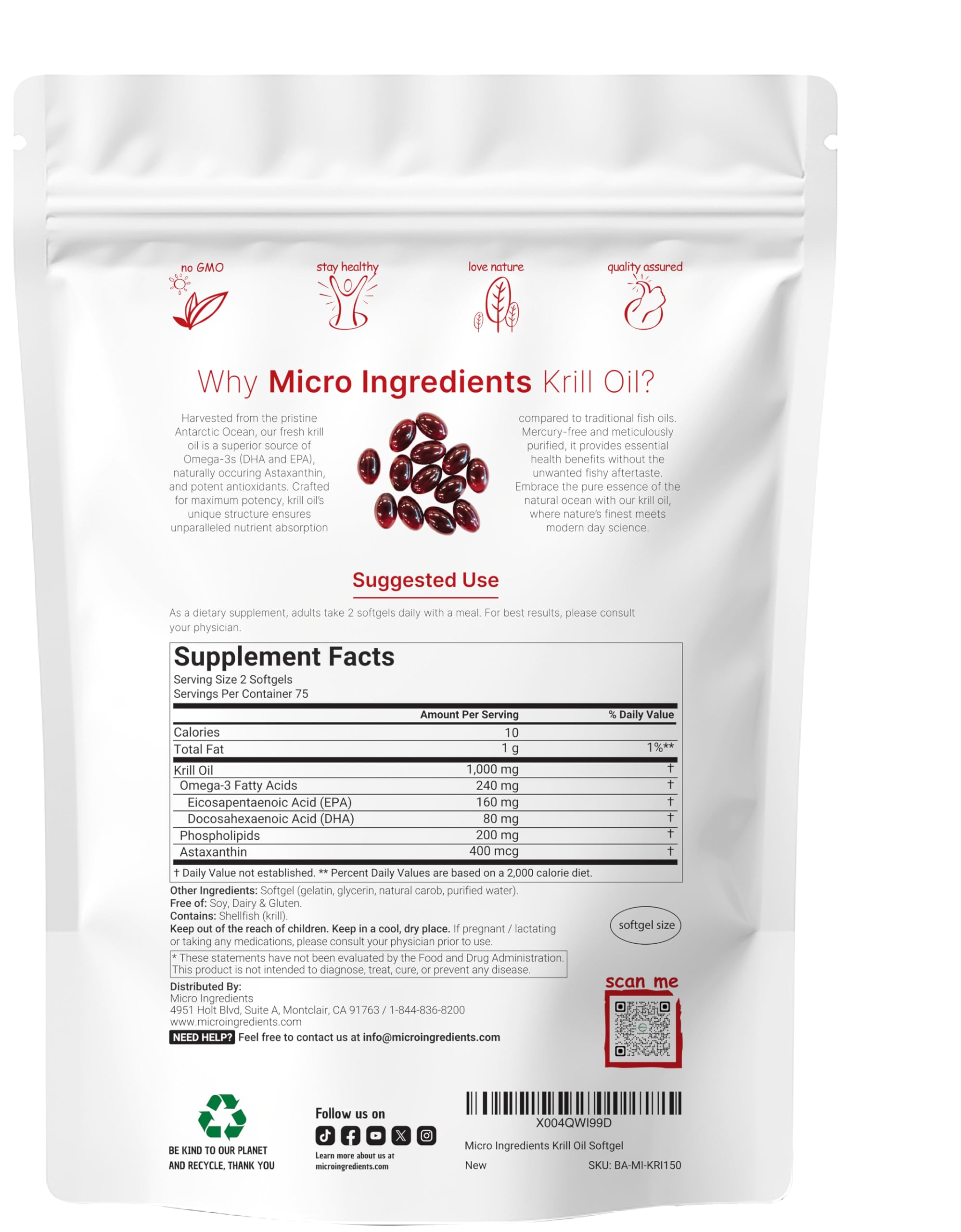 Micro Ingredients Krill Oil softgels offer easy swallowing and omega-3 delivery.