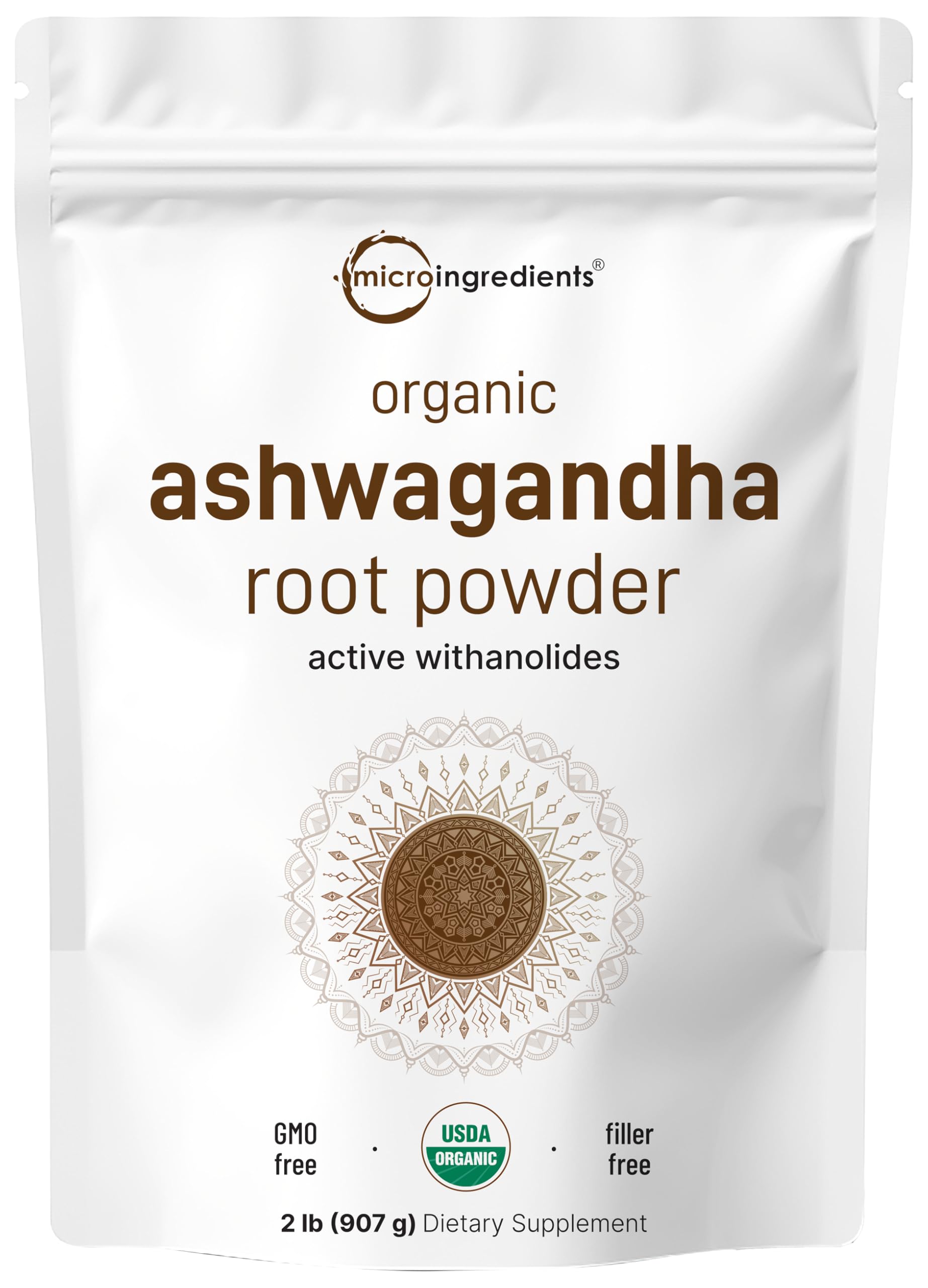 Micro Ingredients Ashwagandha powder packaging showing clean organic label and bottle