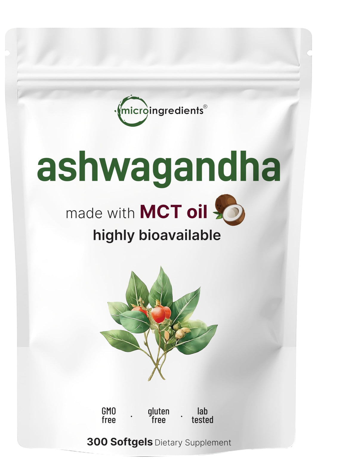 Micro Ingredients Ashwagandha bottle label for daily wellness support.