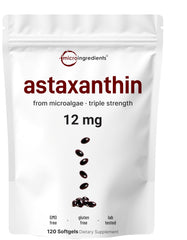 Micro Ingredients Astaxanthin 12mg bottle pouring for daily antioxidant support.