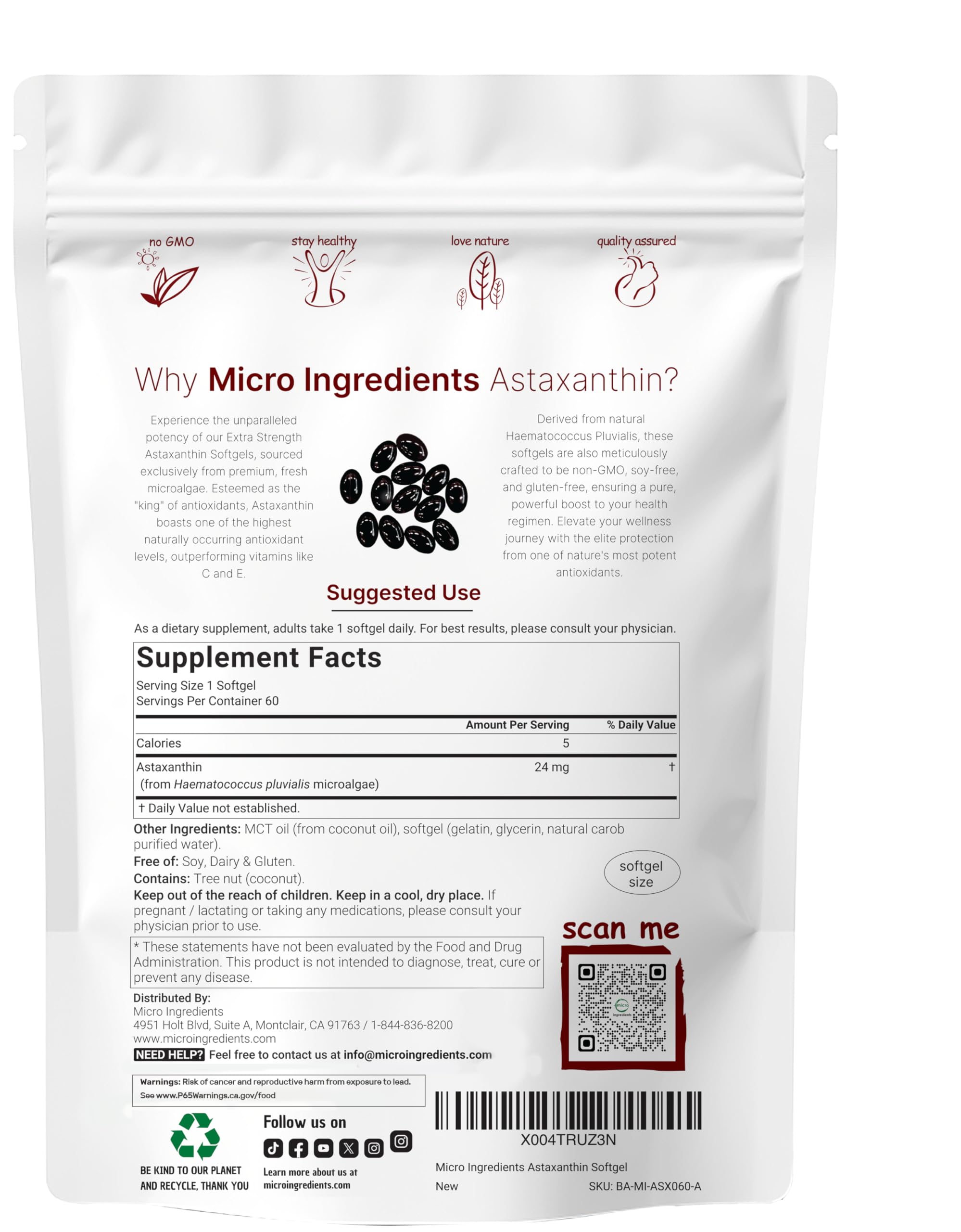 Micro Ingredients Astaxanthin bottle front view showing potency and value.