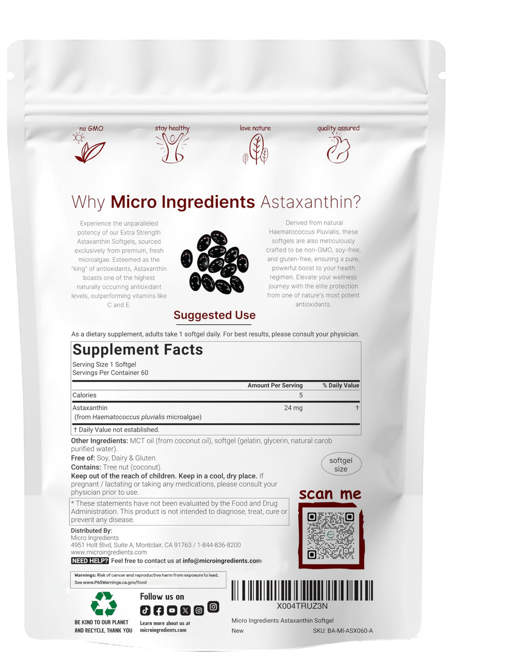 Micro Ingredients Astaxanthin bottle front view showing potency and value.