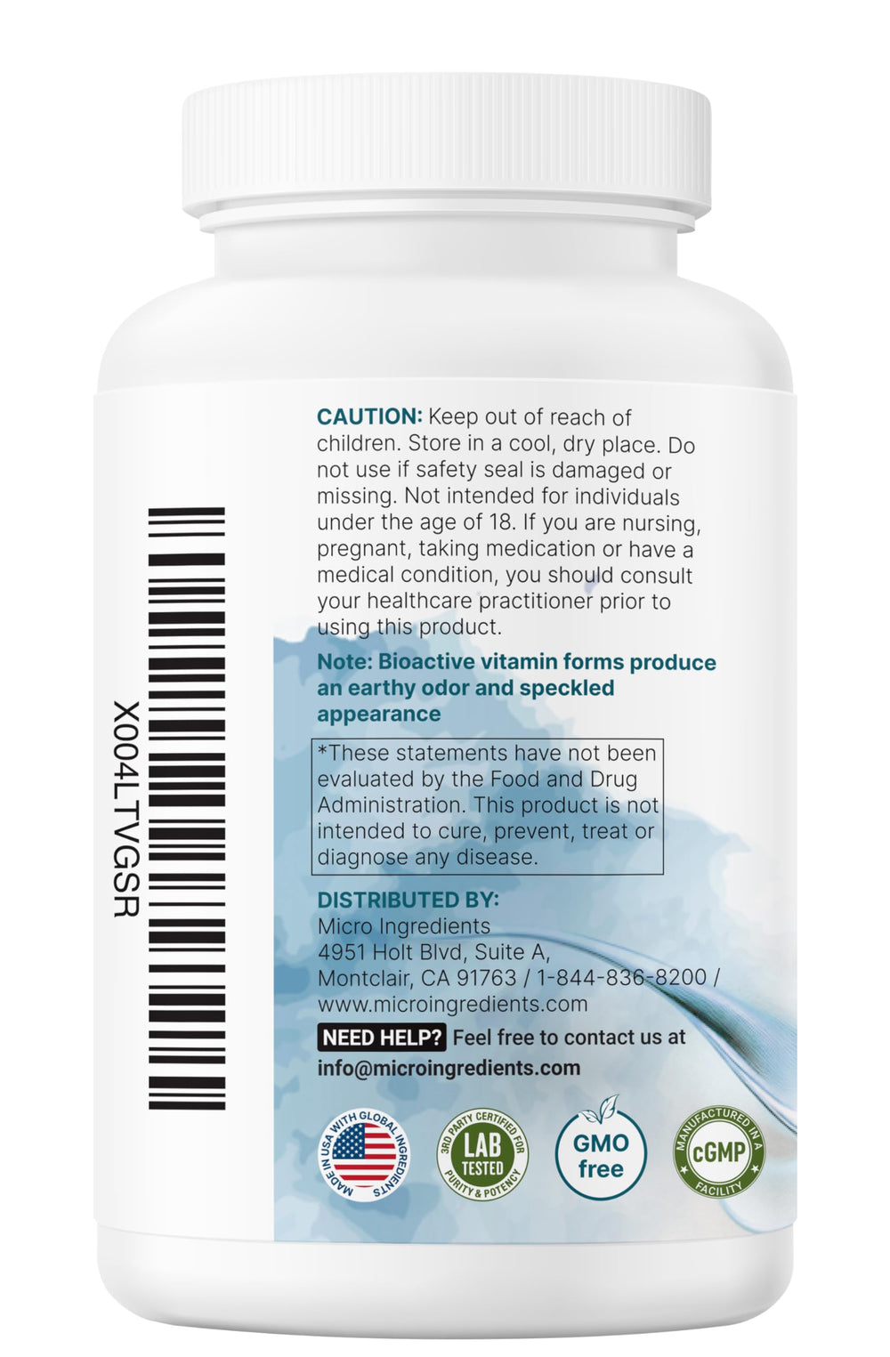 Non-GMO, filler-free quality emphasis on Micro Ingredients packaging.
