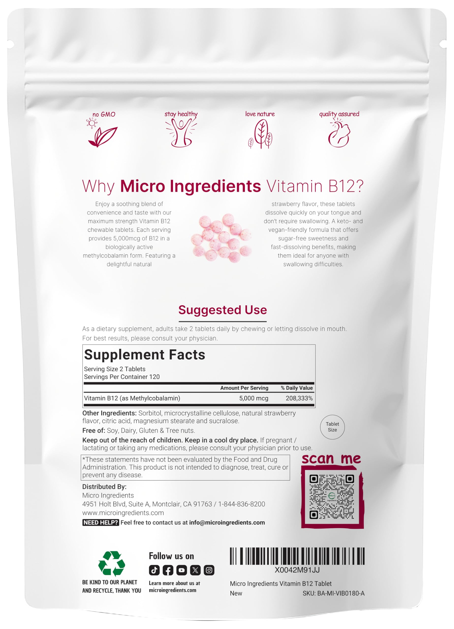Strawberry-flavored B12 chewable tablet in a resealable pouch highlighting high potency.
