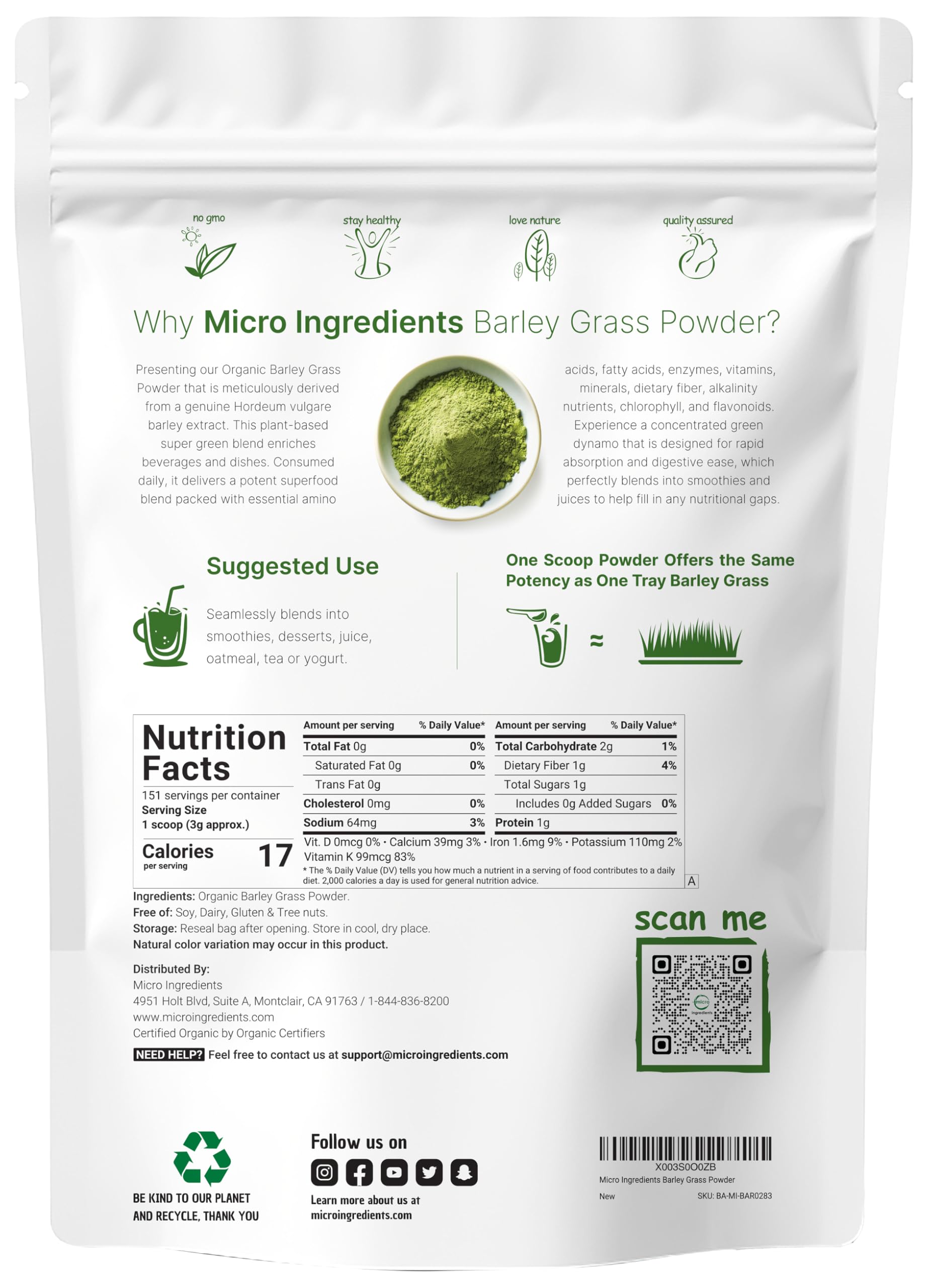 Micro Ingredients Barley Grass Powder scoop showing a 3 g serving for convenient daily use.