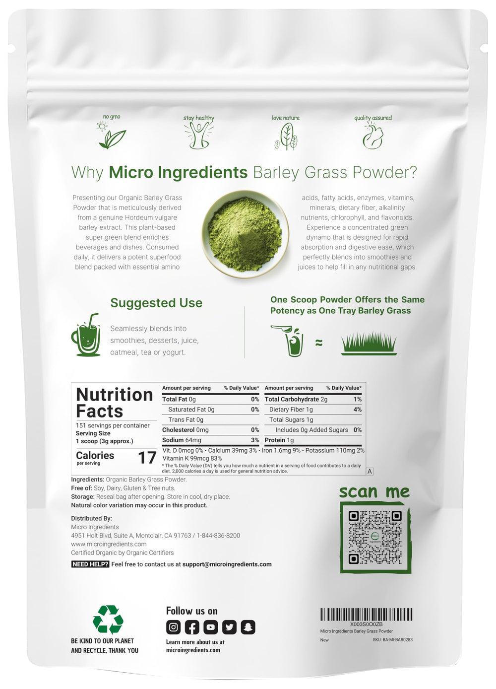 Micro Ingredients Barley Grass Powder scoop showing a 3 g serving for convenient daily use.