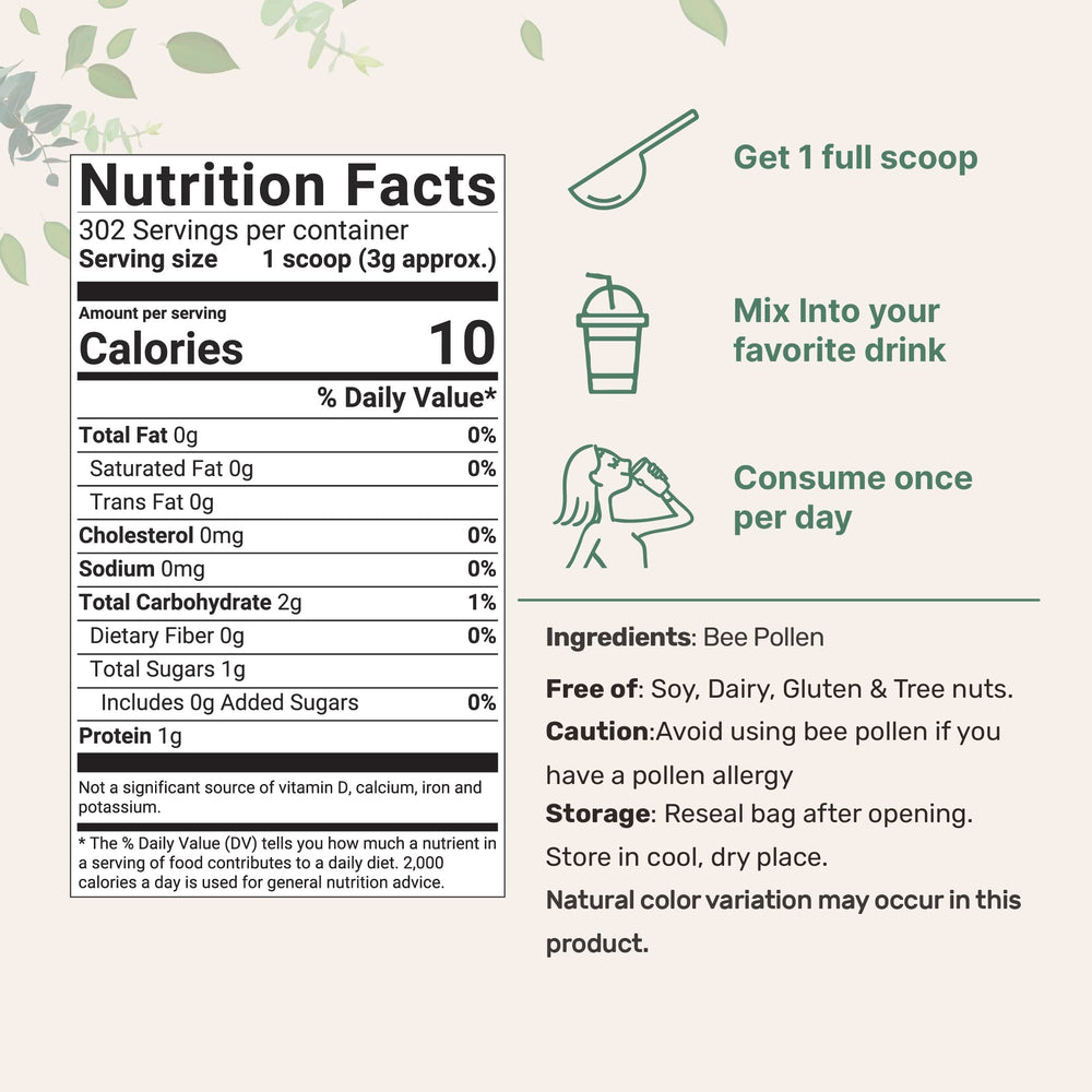 Micro Ingredients bee pollen granules bottle closeup reveals natural, unprocessed freshness