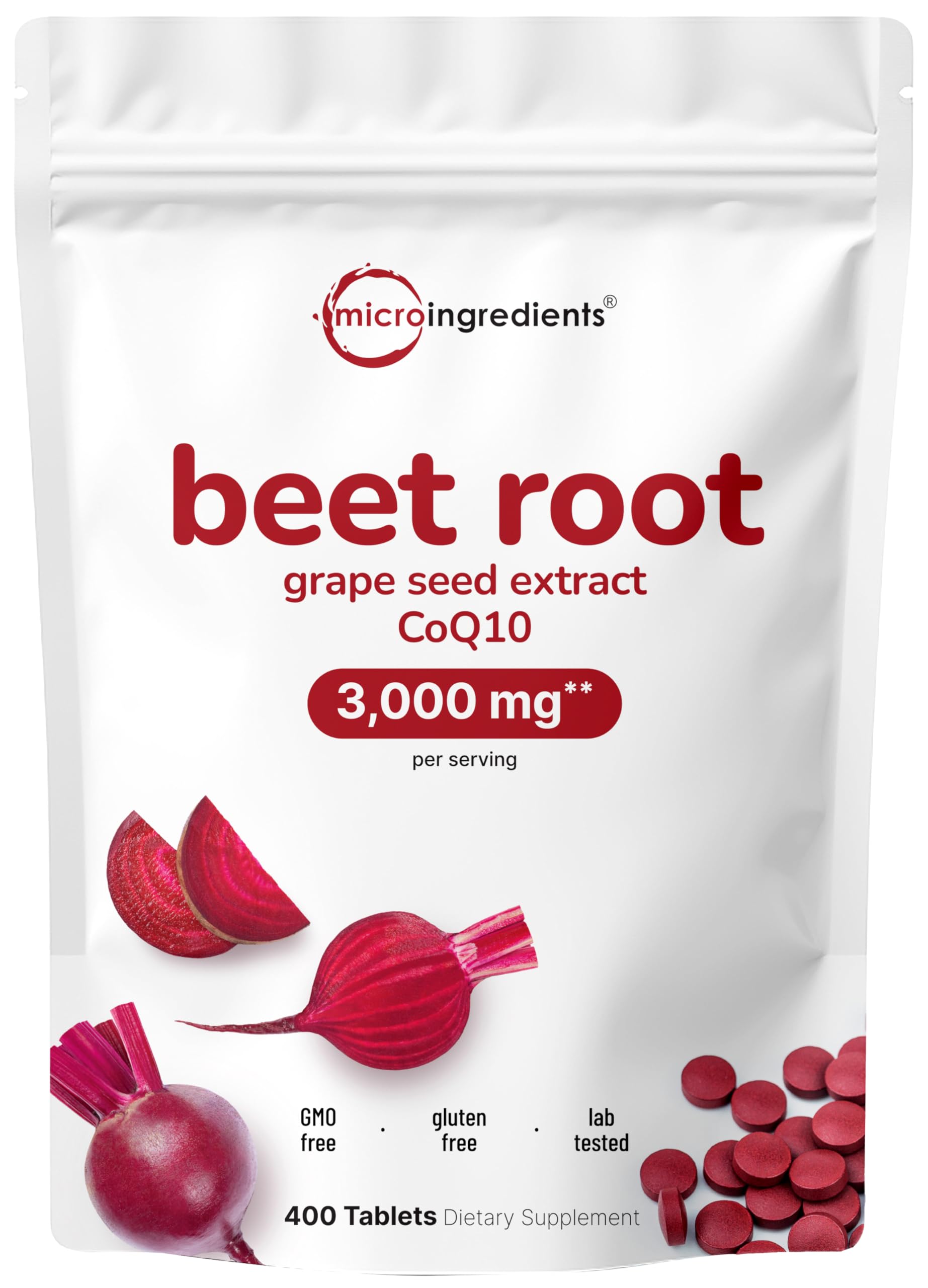 Micro Ingredients Beet Root 3000mg bottle shows 3-in-1 formula for nitric oxide support