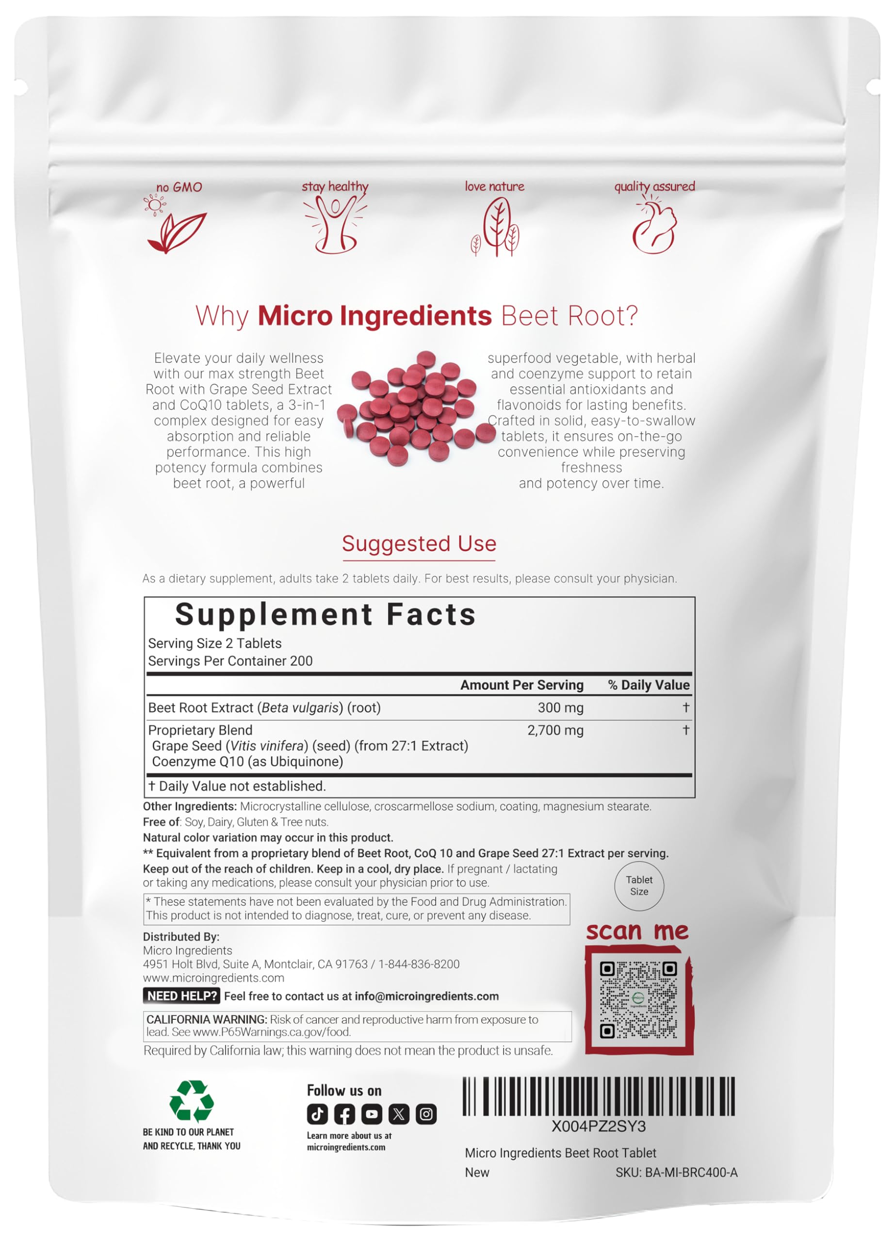 Micro Ingredients Beet Root 3000mg pack-front highlighting dosage and profile