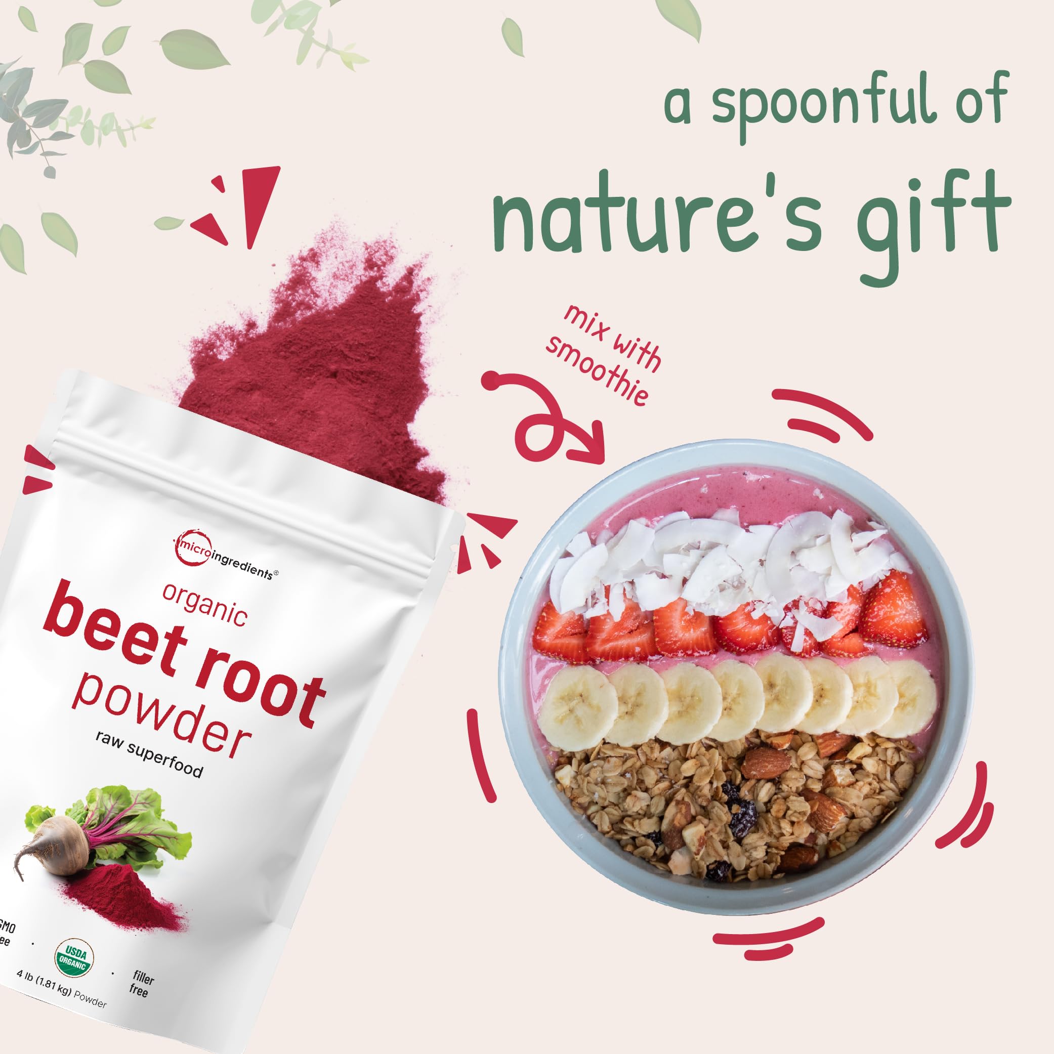 Micro Ingredients beet root powder bottle closeup shows premium quality.