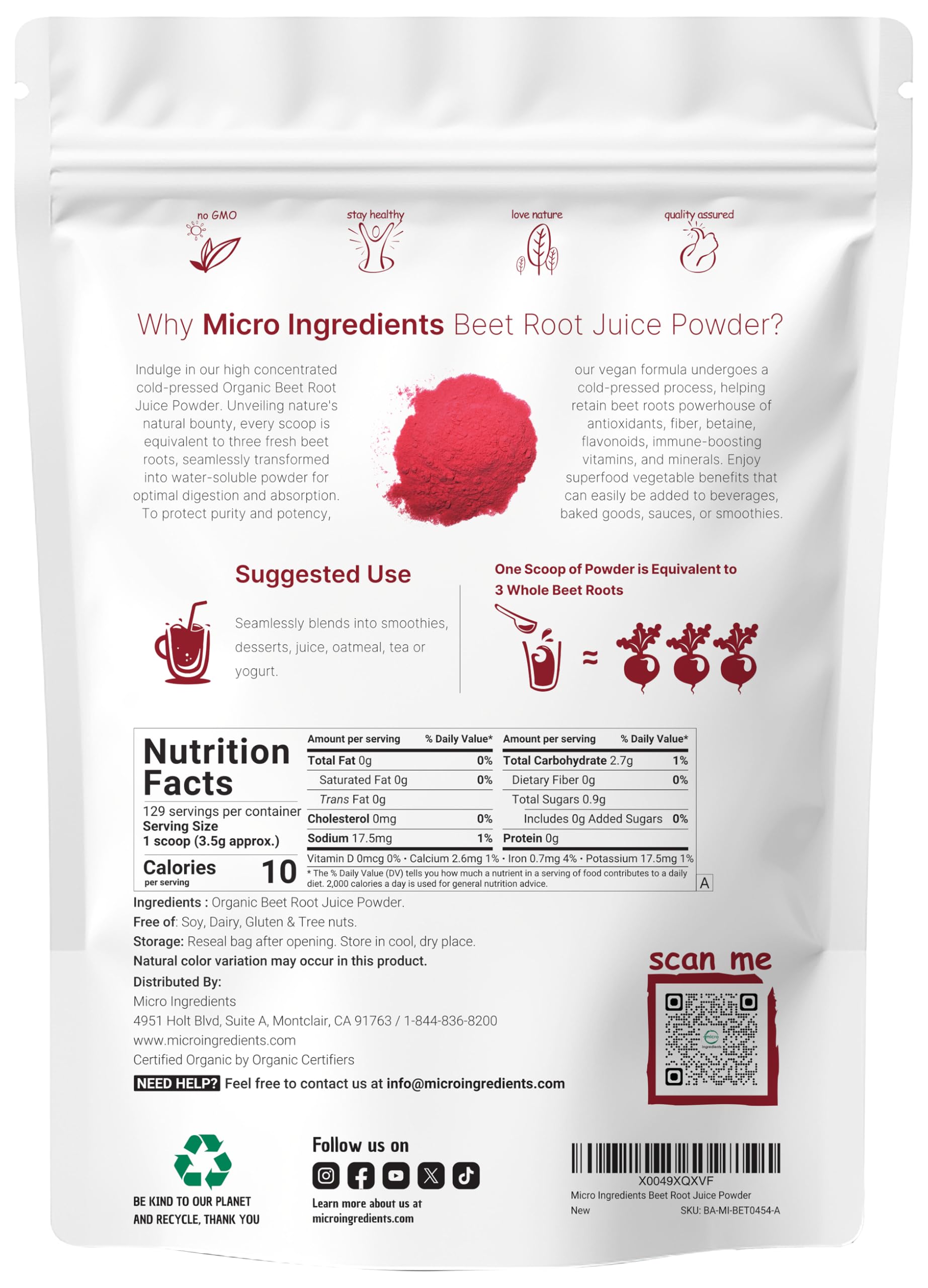 Micro Ingredients beet root powder scoop showing precise 3.5 g servings