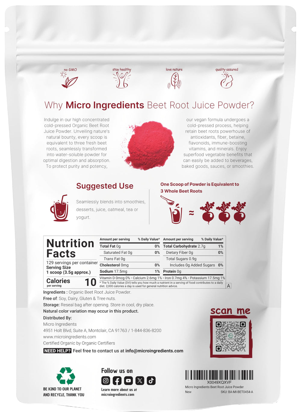 Micro Ingredients beet root powder scoop showing precise 3.5 g servings