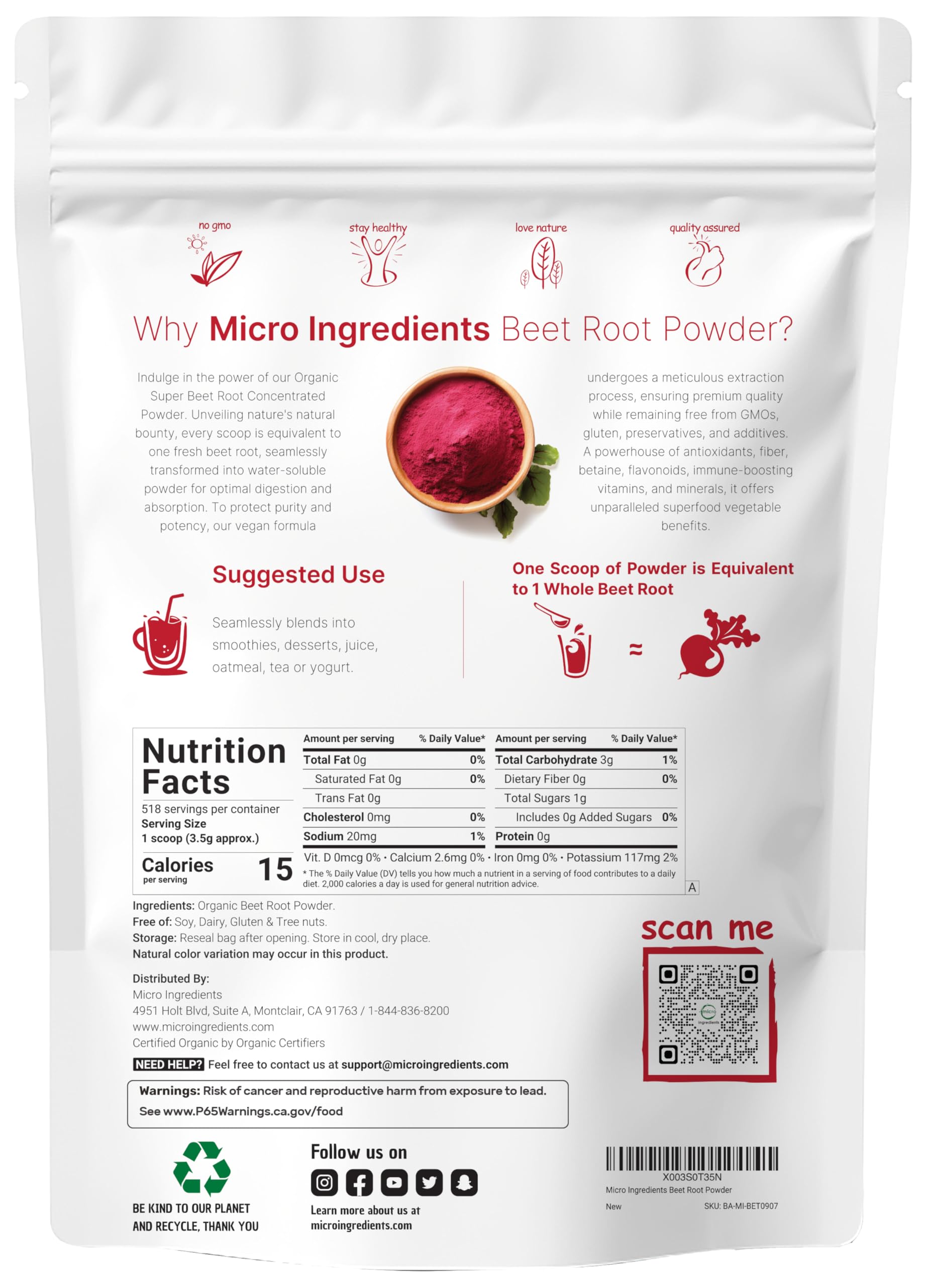 Micro Ingredients beet root powder scoop for precise measurement in shakes.