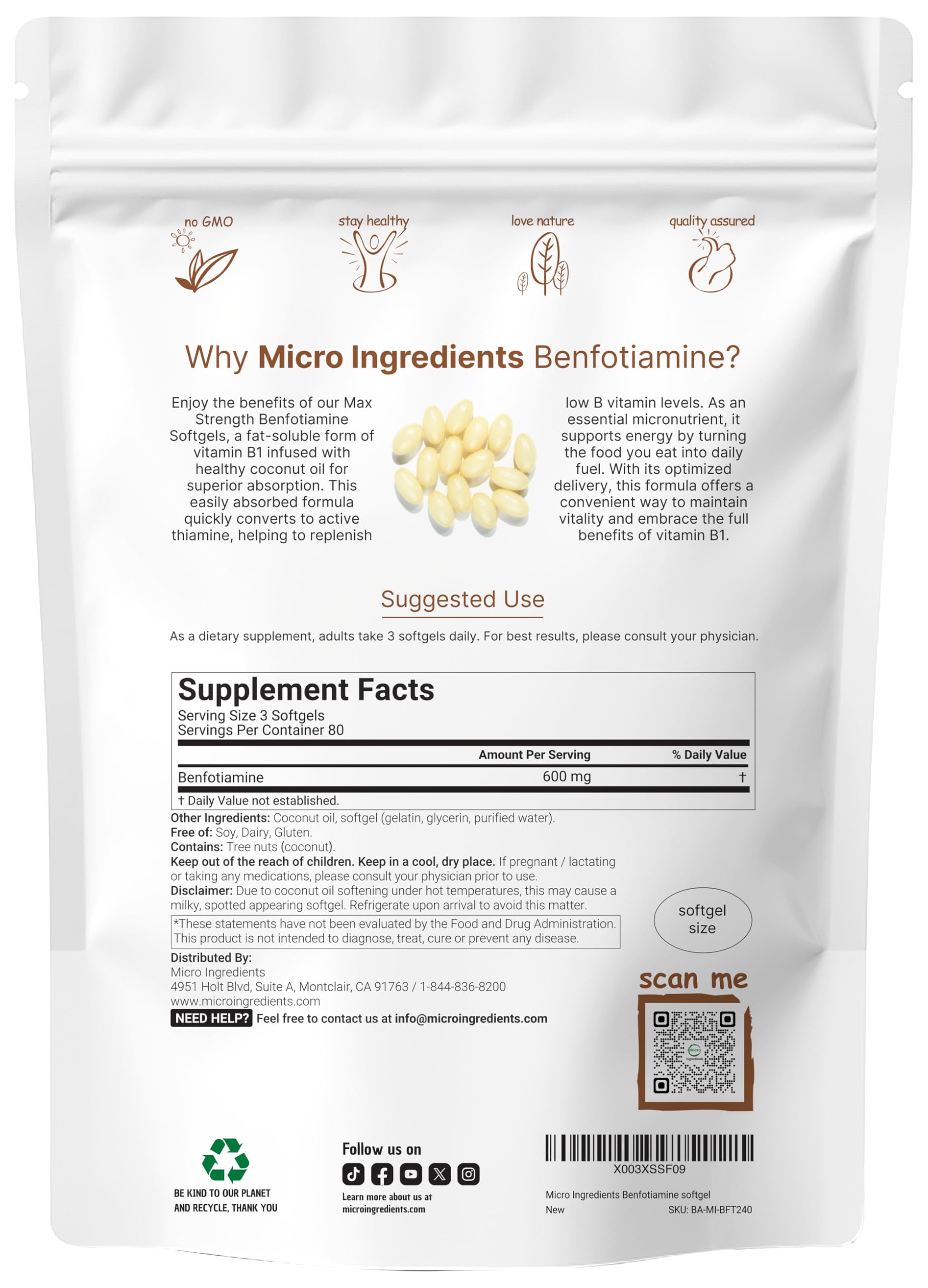 Micro Ingredients benfotiamine softgels pour shows easy dosing at a glance