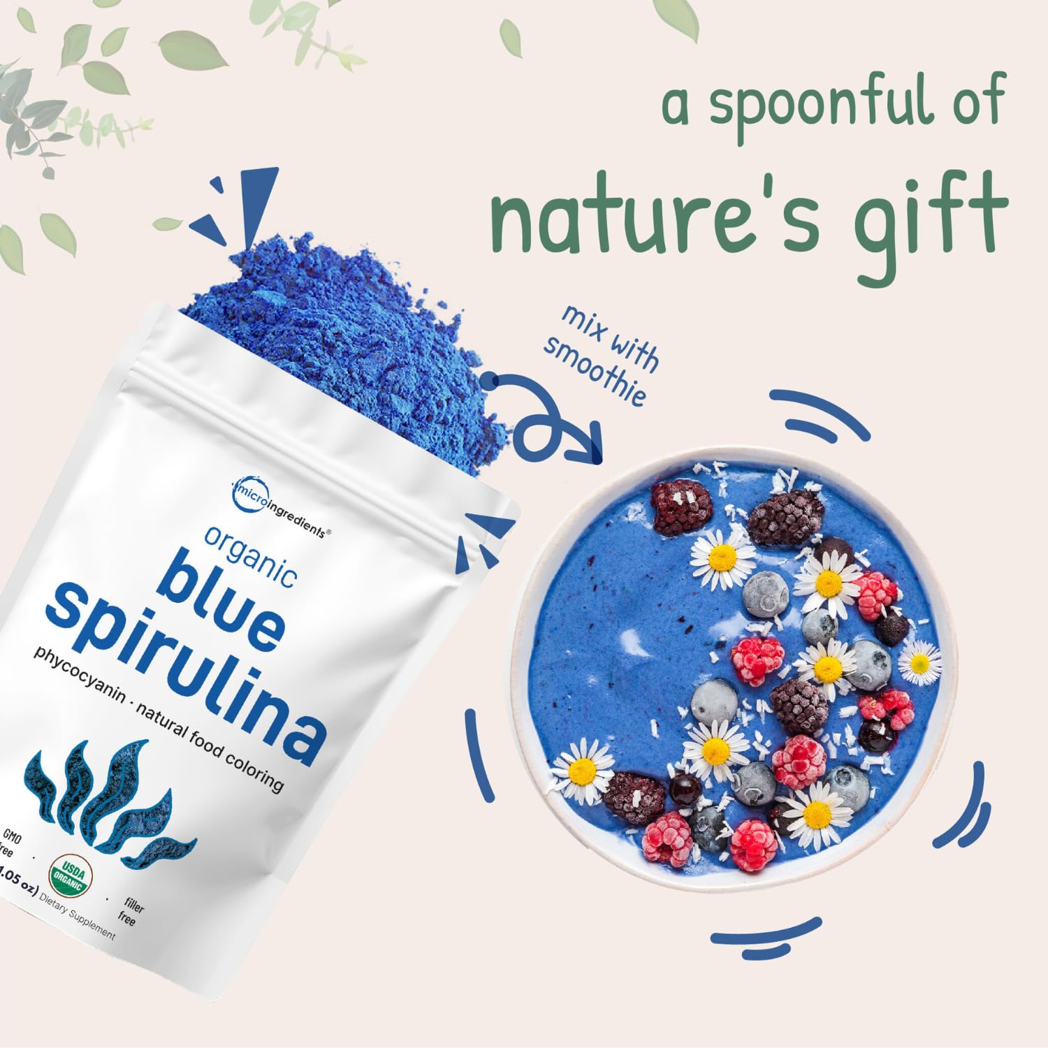 Micro Ingredients blue spirulina powder pack provides plant based color and nutrients.
