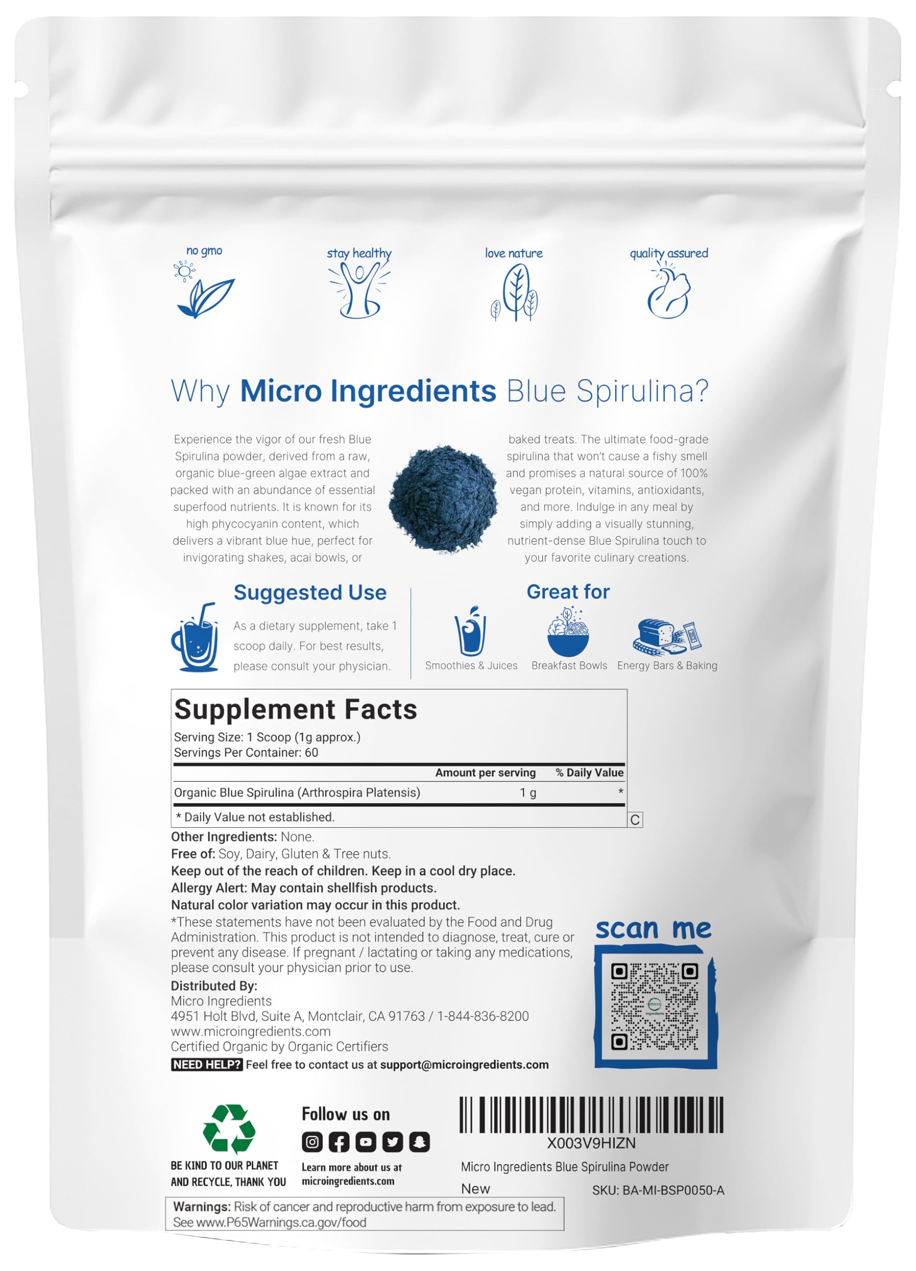 Micro Ingredients Blue Spirulina powder scoop ready for 60 servings of smoothies.