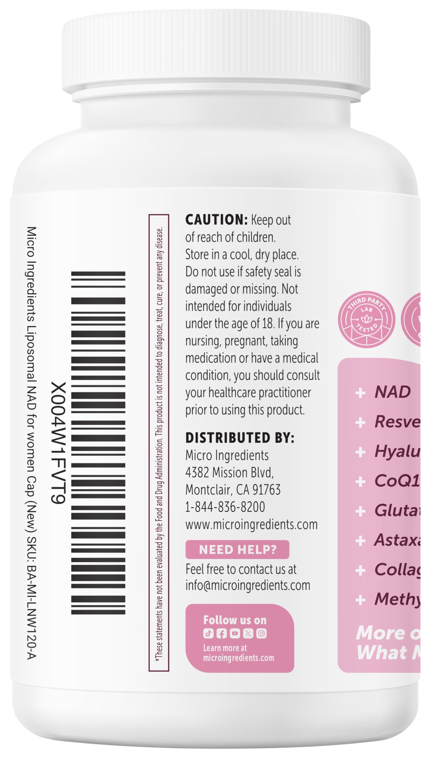 Micro Ingredients bottle beside glass communicates premium wellness routine.