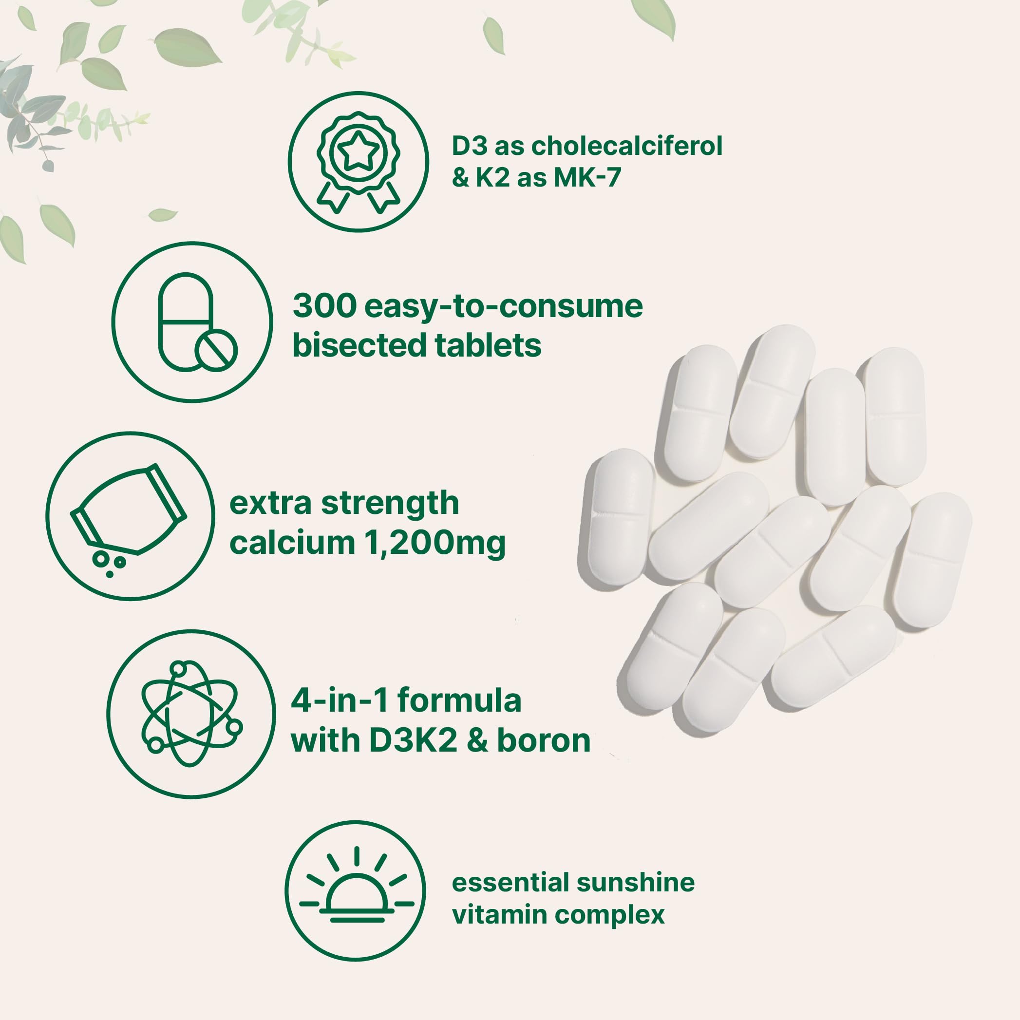 Graphic of Micro Ingredients calcium 1200mg with D3, K2 and boron per serving.