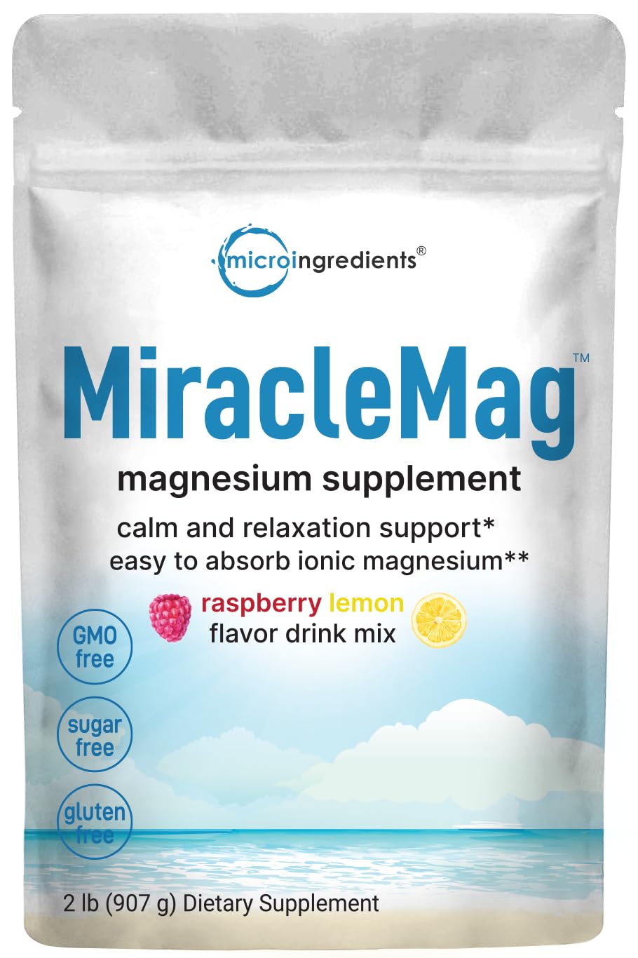 Micro Ingredients Calm Magnesium Powder pouch with raspberry lemon flavor for sugar-free relaxation.