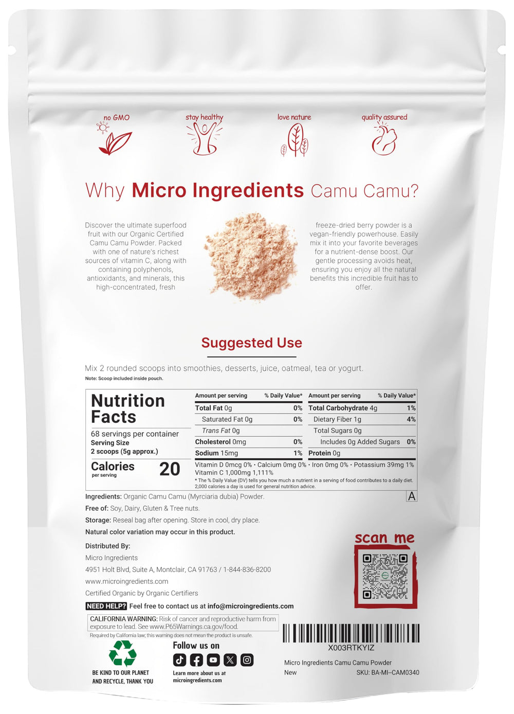 Micro Ingredients camu camu powder dispense jar for easy mixing