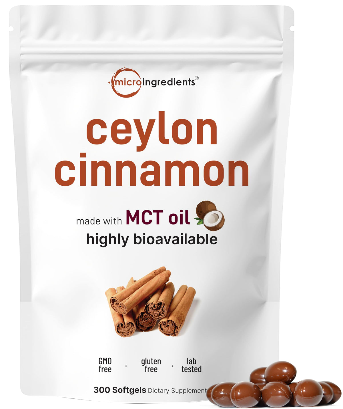 Micro Ingredients Ceylon Cinnamon softgels bottle close-up showing MCT oil blend for absorption