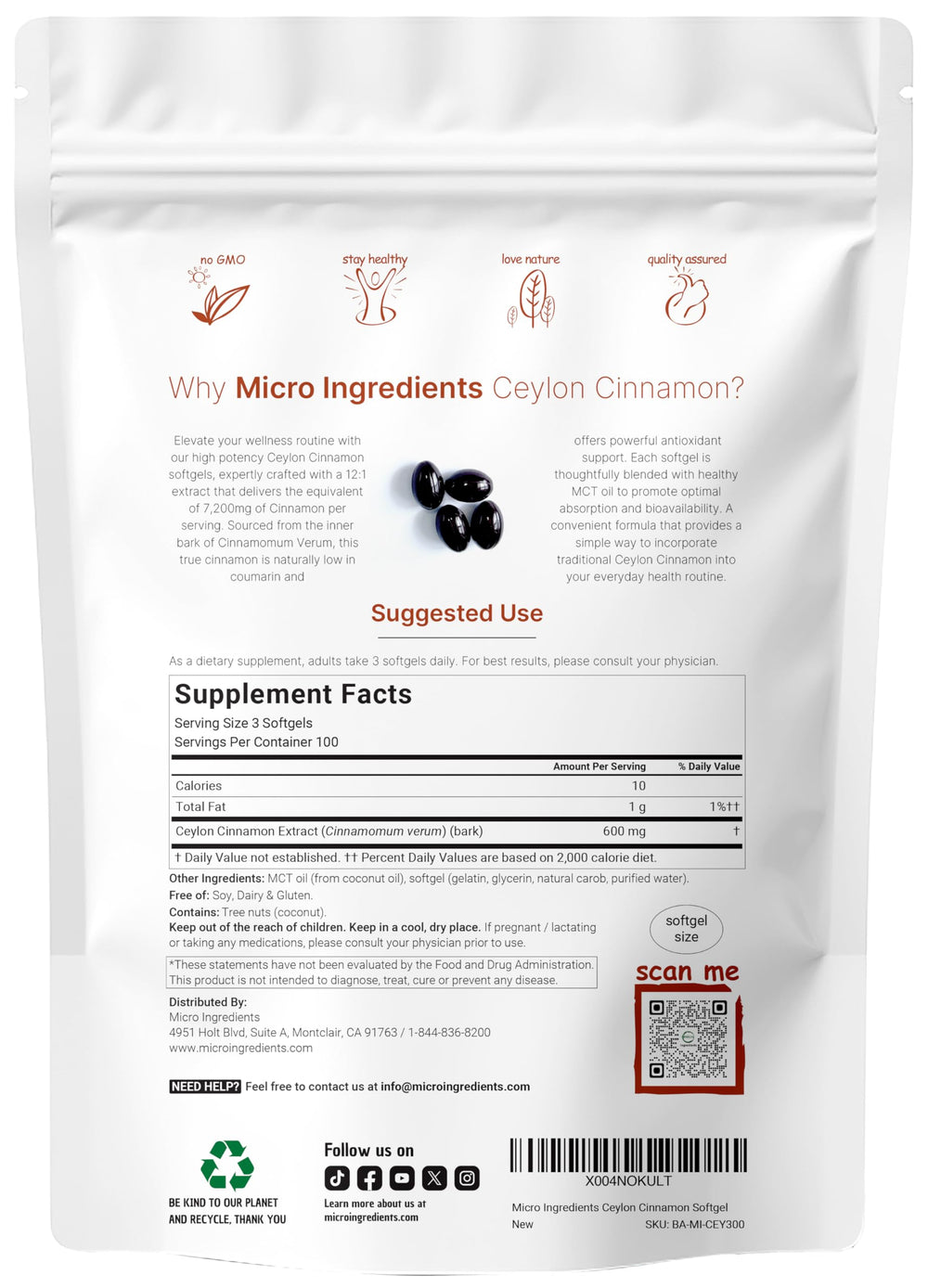 Micro Ingredients Ceylon Cinnamon capsules closeup highlighting extra strength bark extract