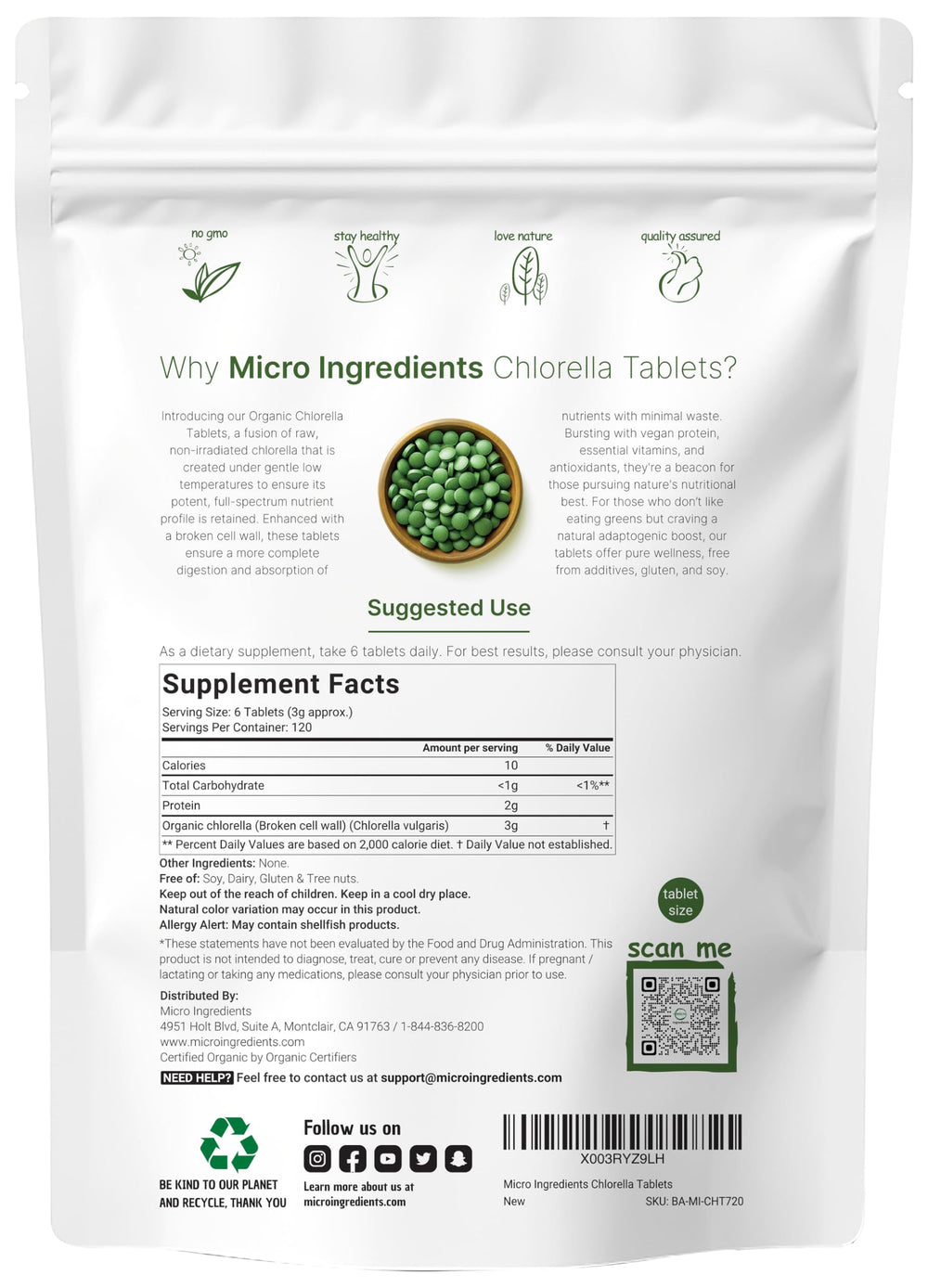 Micro Ingredients chlorella tablets close-up highlighting broken cell wall for nutrient density