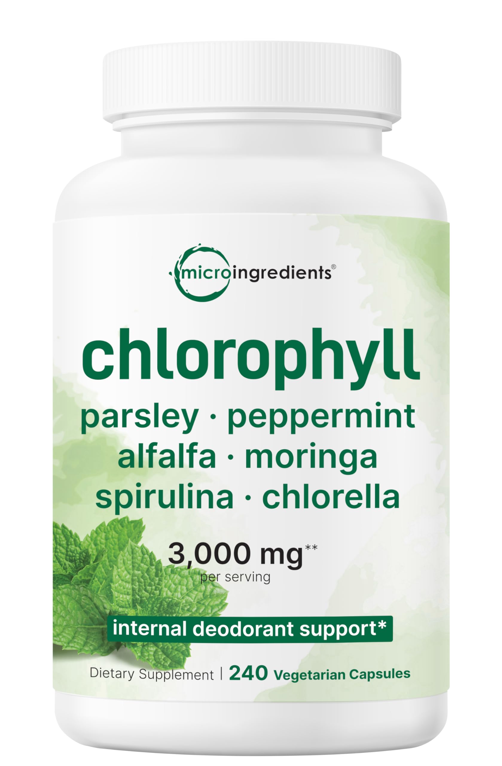 Micro Ingredients Chlorophyll Super Greens Complex bottle front with 240 capsules for daily greens