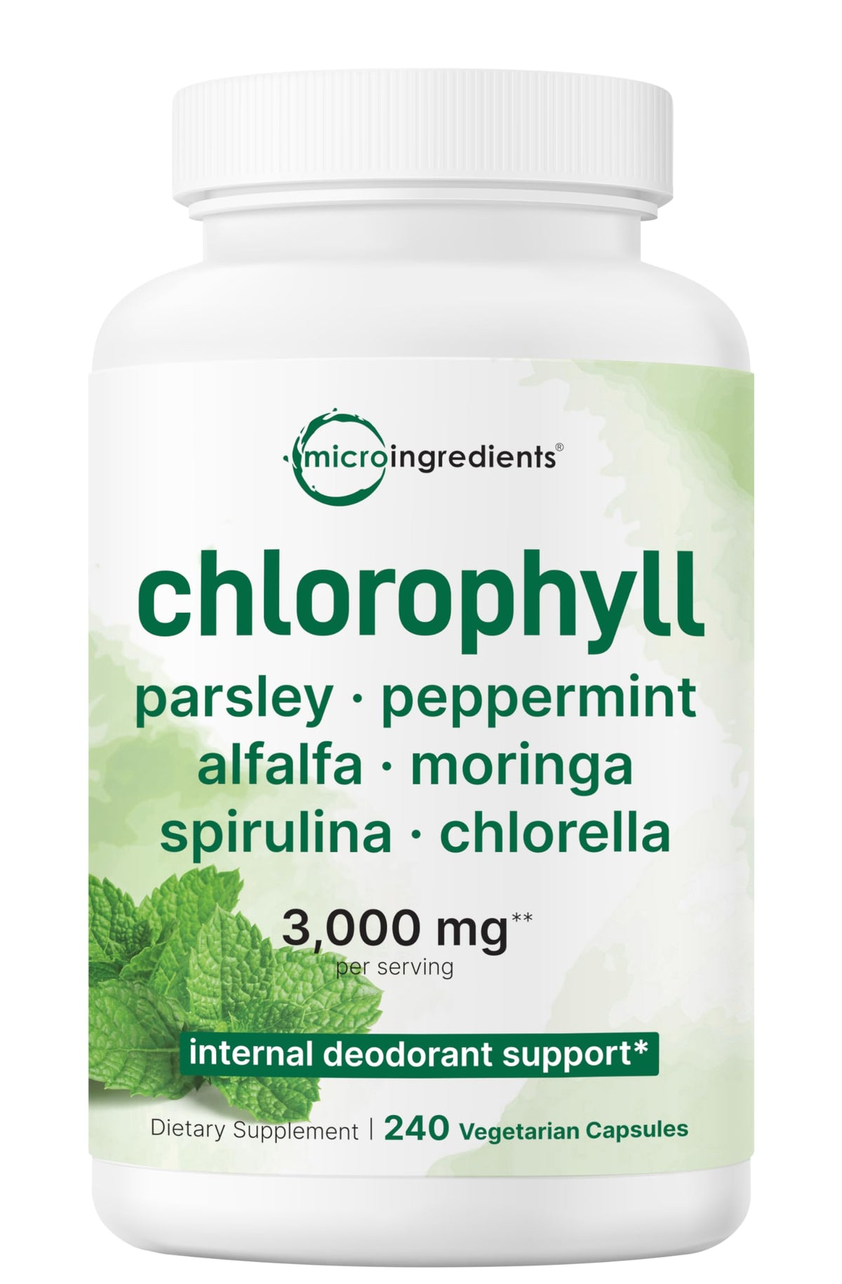 Micro Ingredients Chlorophyll Super Greens Complex bottle front with 240 capsules for daily greens