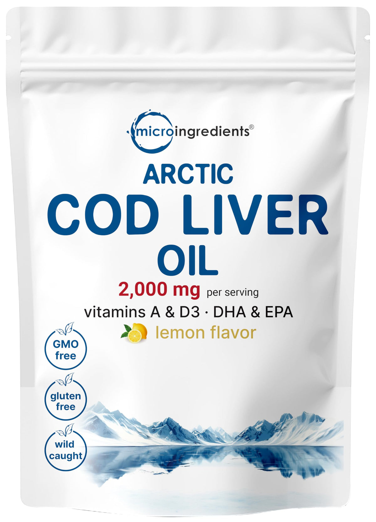 Micro Ingredients cod liver oil bottle with lemon flavor for burpless omega-3 intake.