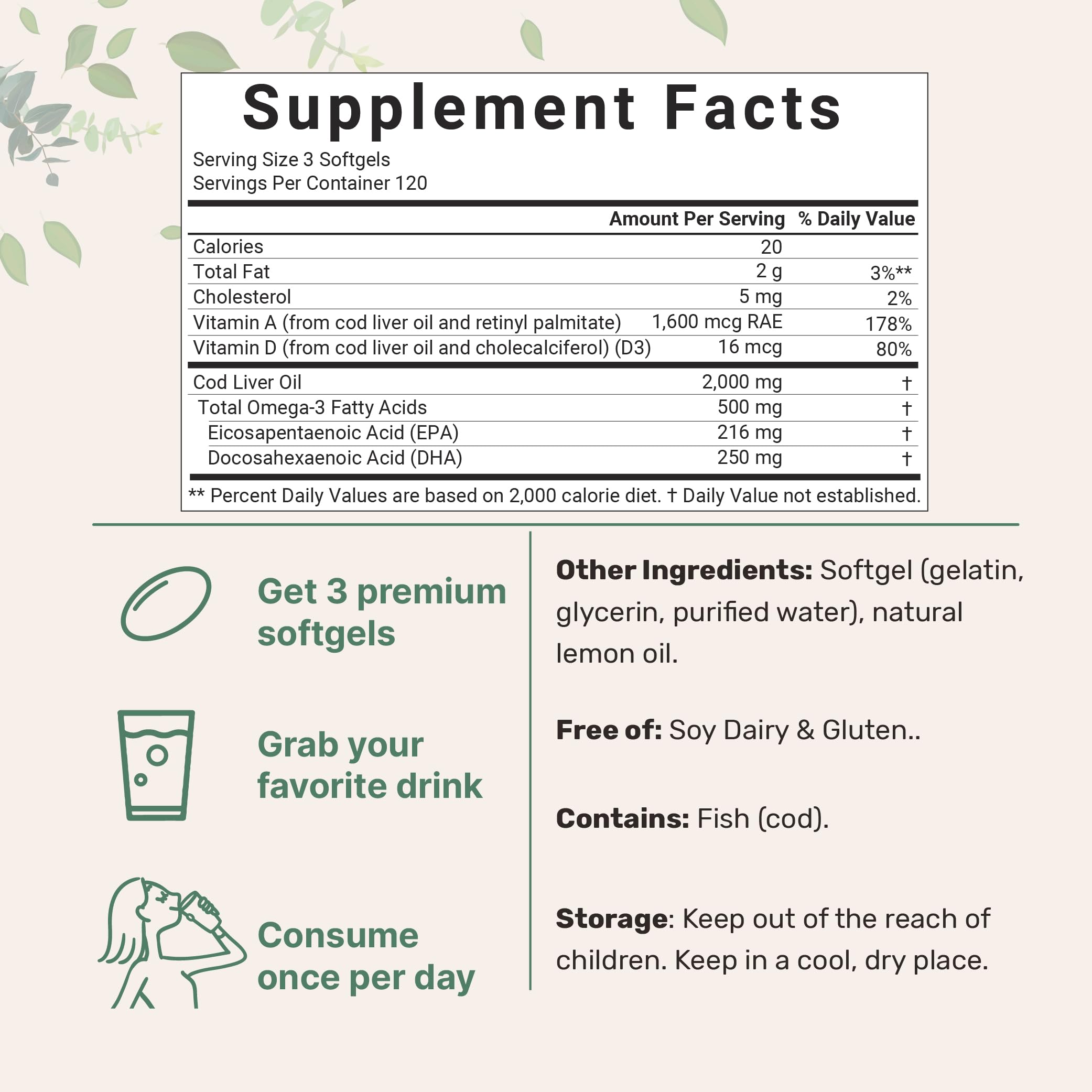Micro Ingredients cod liver oil softgels pour showing easy daily omega-3 capsules.