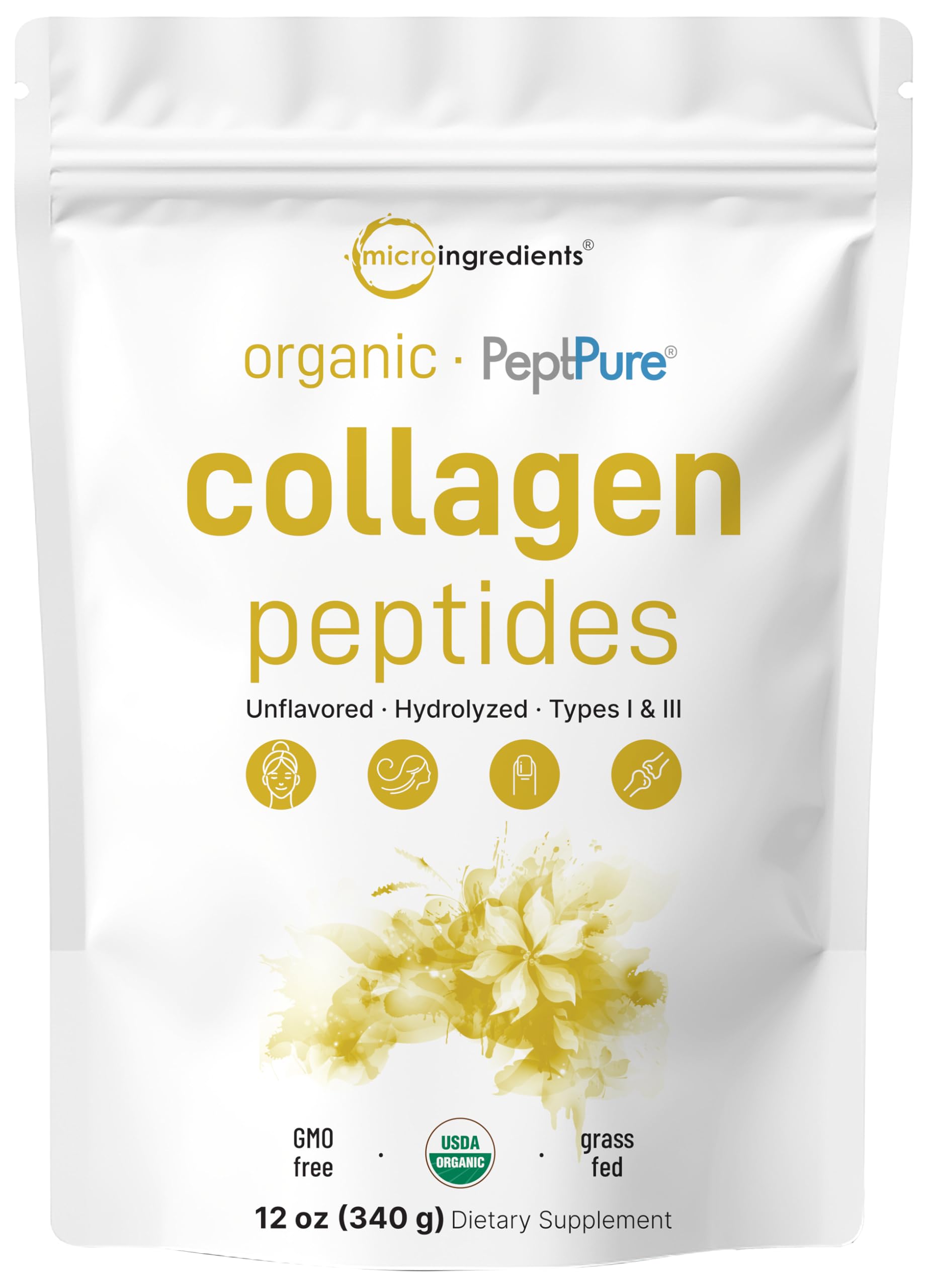 Micro Ingredients collagen peptides powder tub with neutral blend for daily drinks.