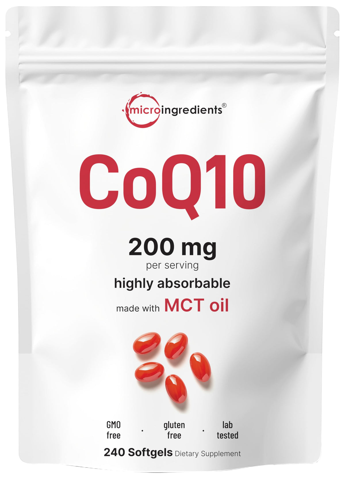 Micro Ingredients CoQ10 bottle label highlighting 200 mg dose with coconut MCT for better absorption