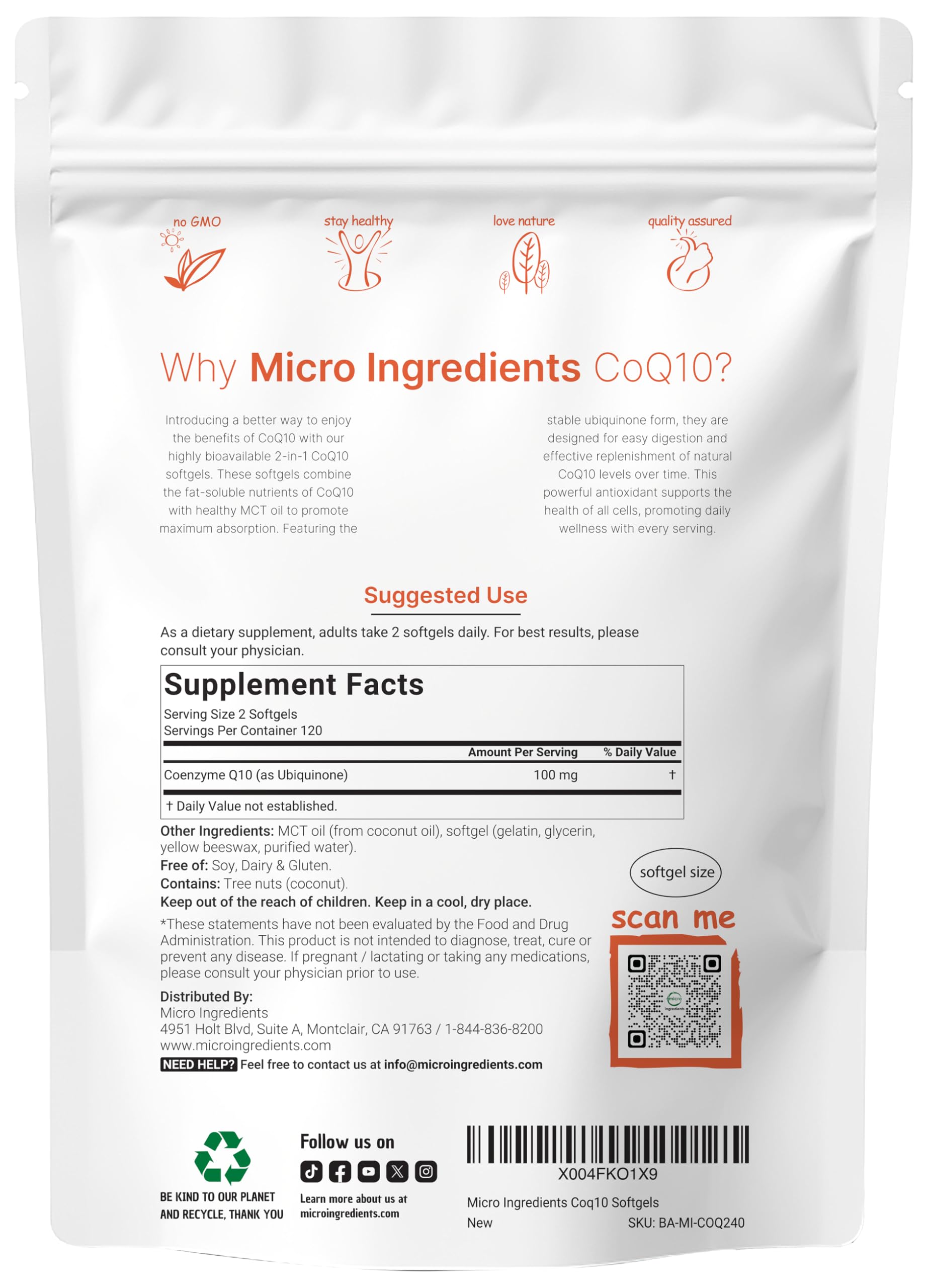 Micro Ingredients CoQ10 100mg per serving shown on label for clear dosing.