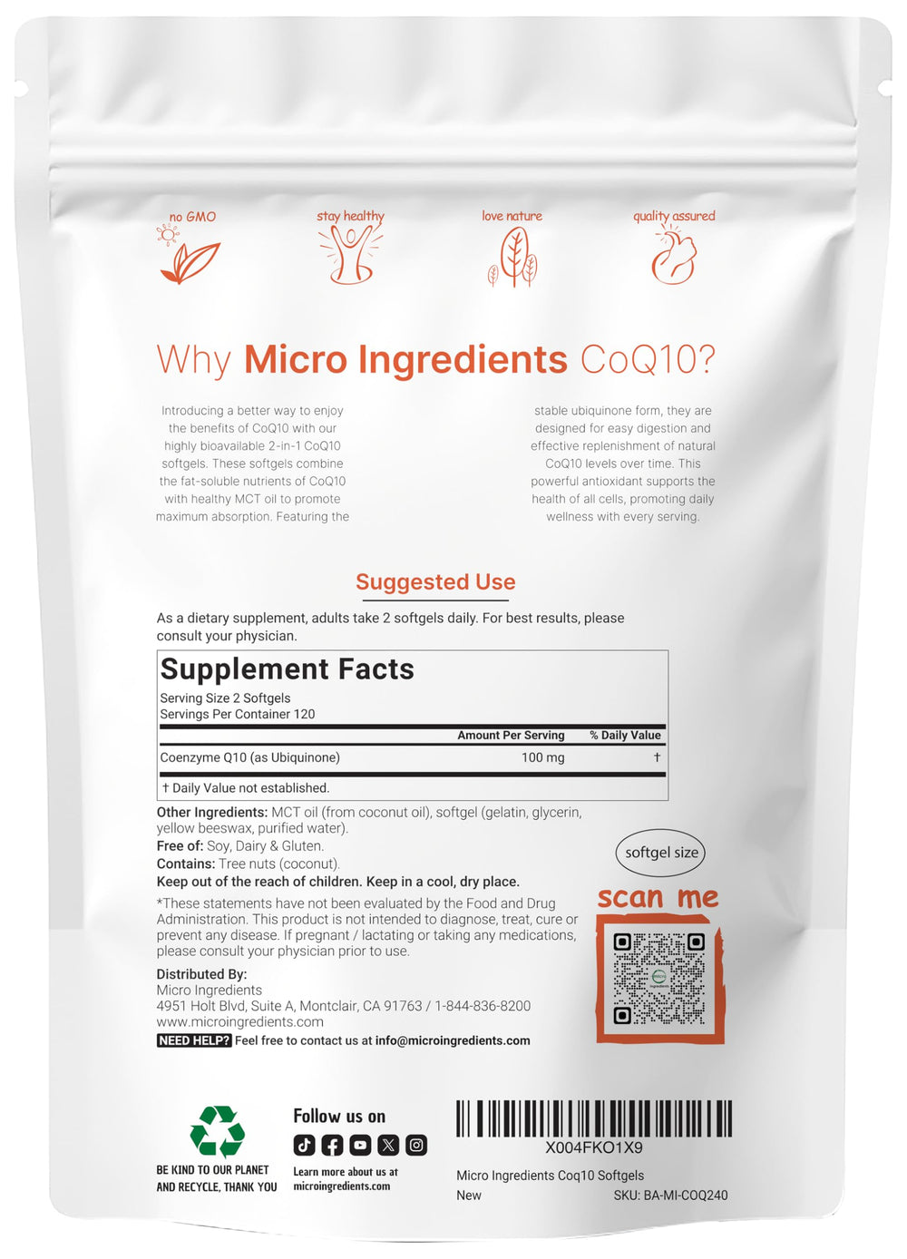 Micro Ingredients CoQ10 100mg per serving shown on label for clear dosing.